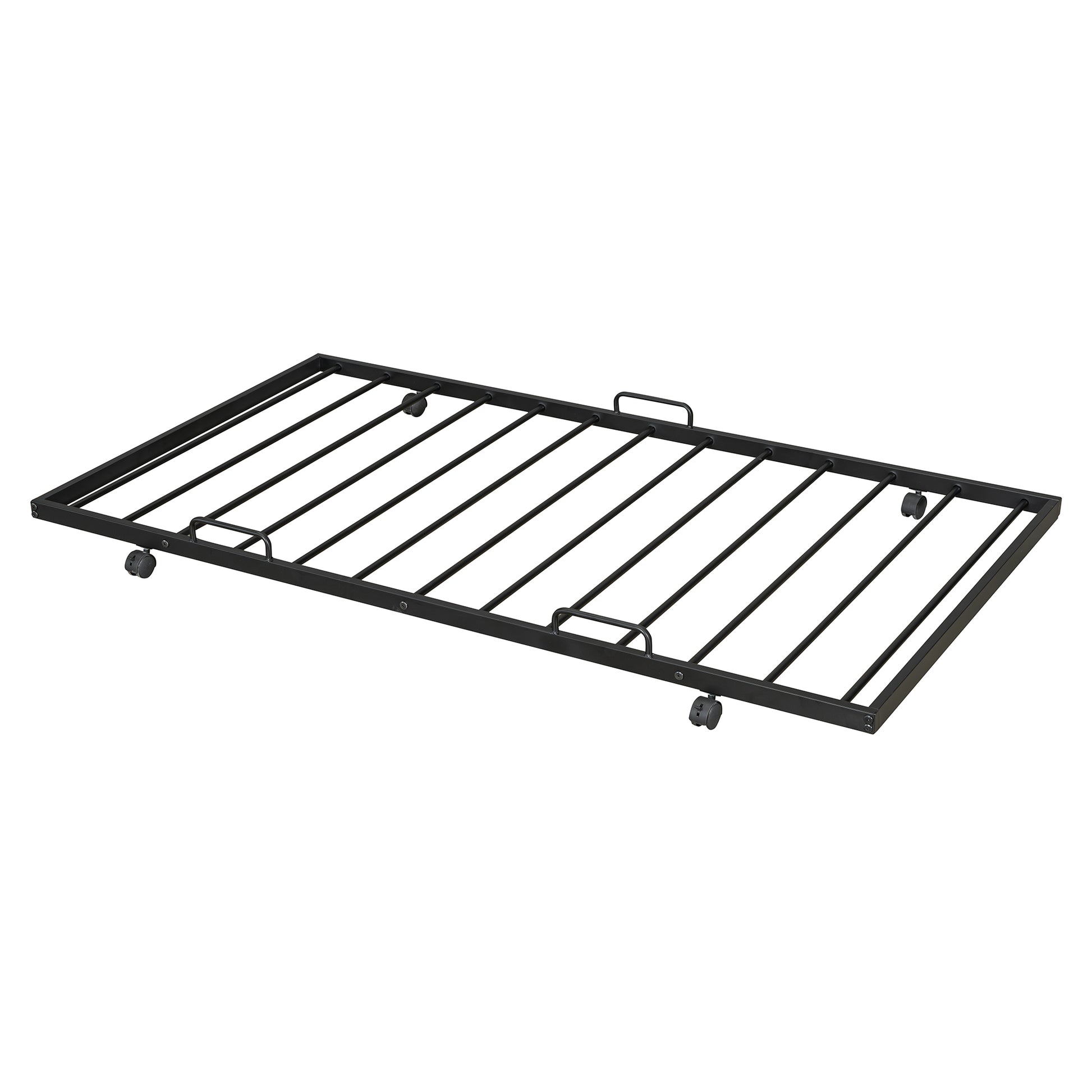 Black metal twin rollaway bed frame with wheels for easy storage and portability