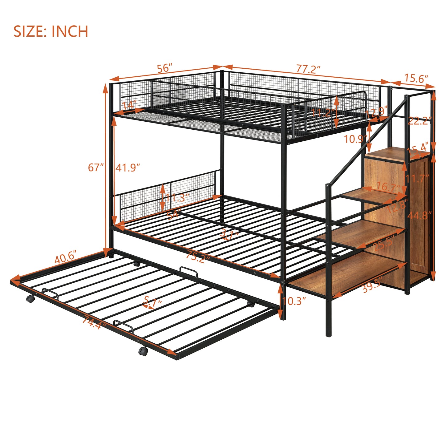 Black metal triple bunk bed with pullout trundle and attached storage stairs dimensions shown