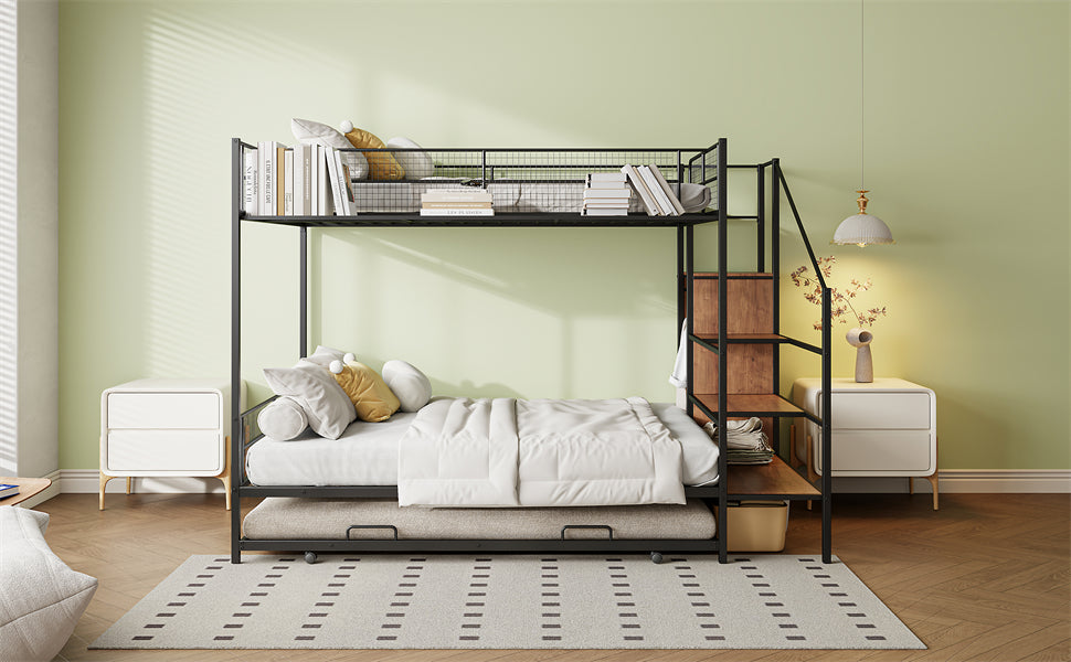 Black metal triple bunk bed with rolling trundle perfect for kids rooms