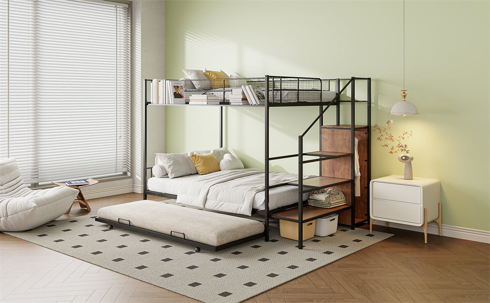 Black metal triple bunk bed with pullout trundle and attached wooden stairs perfect for kids