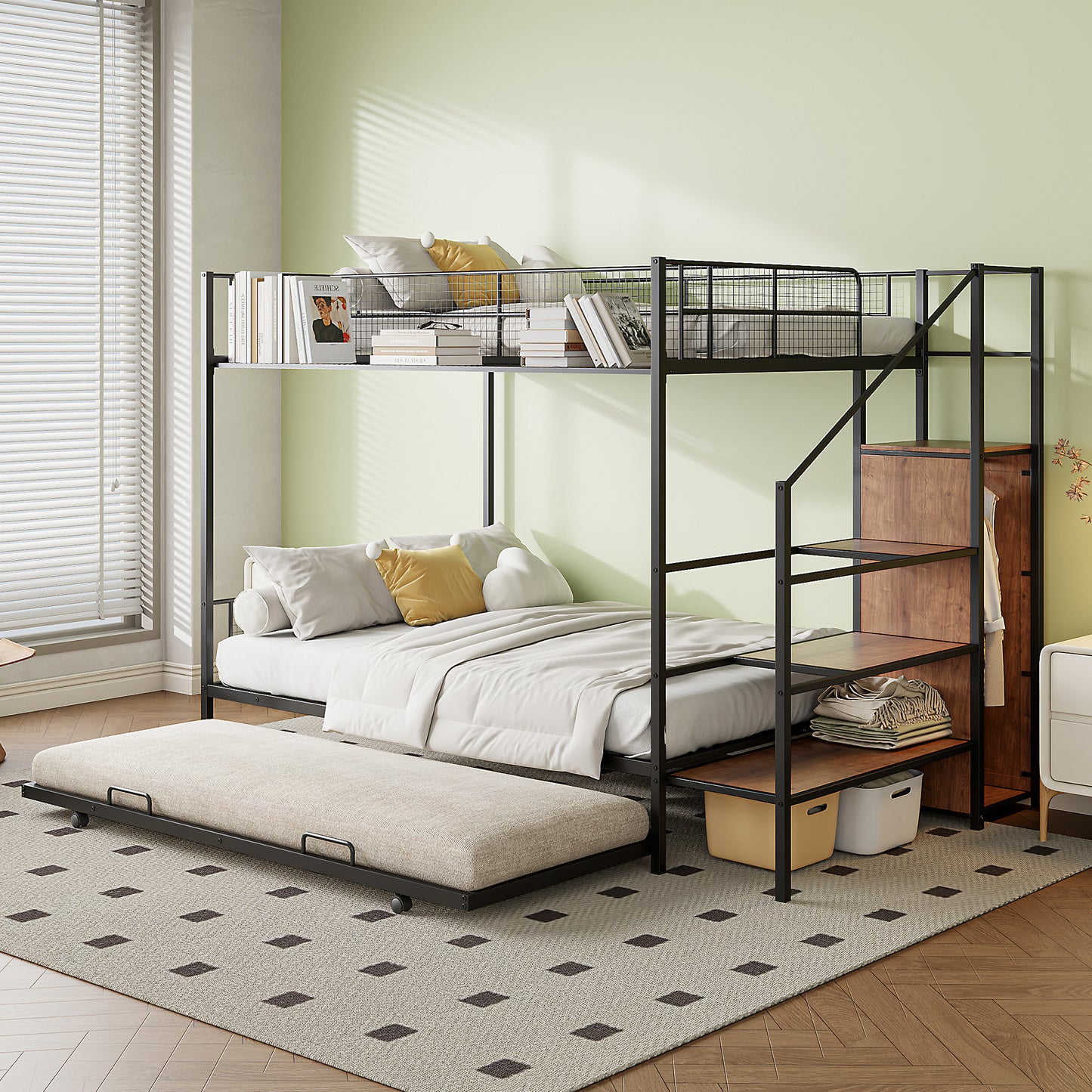 Industrial metal bunk bed with stairs and pullout trundle perfect for kids rooms