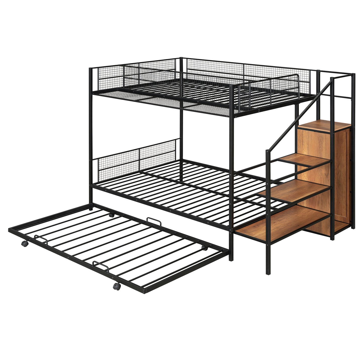 Black metal triple bunk bed with pullout trundle wood shelves and stairs