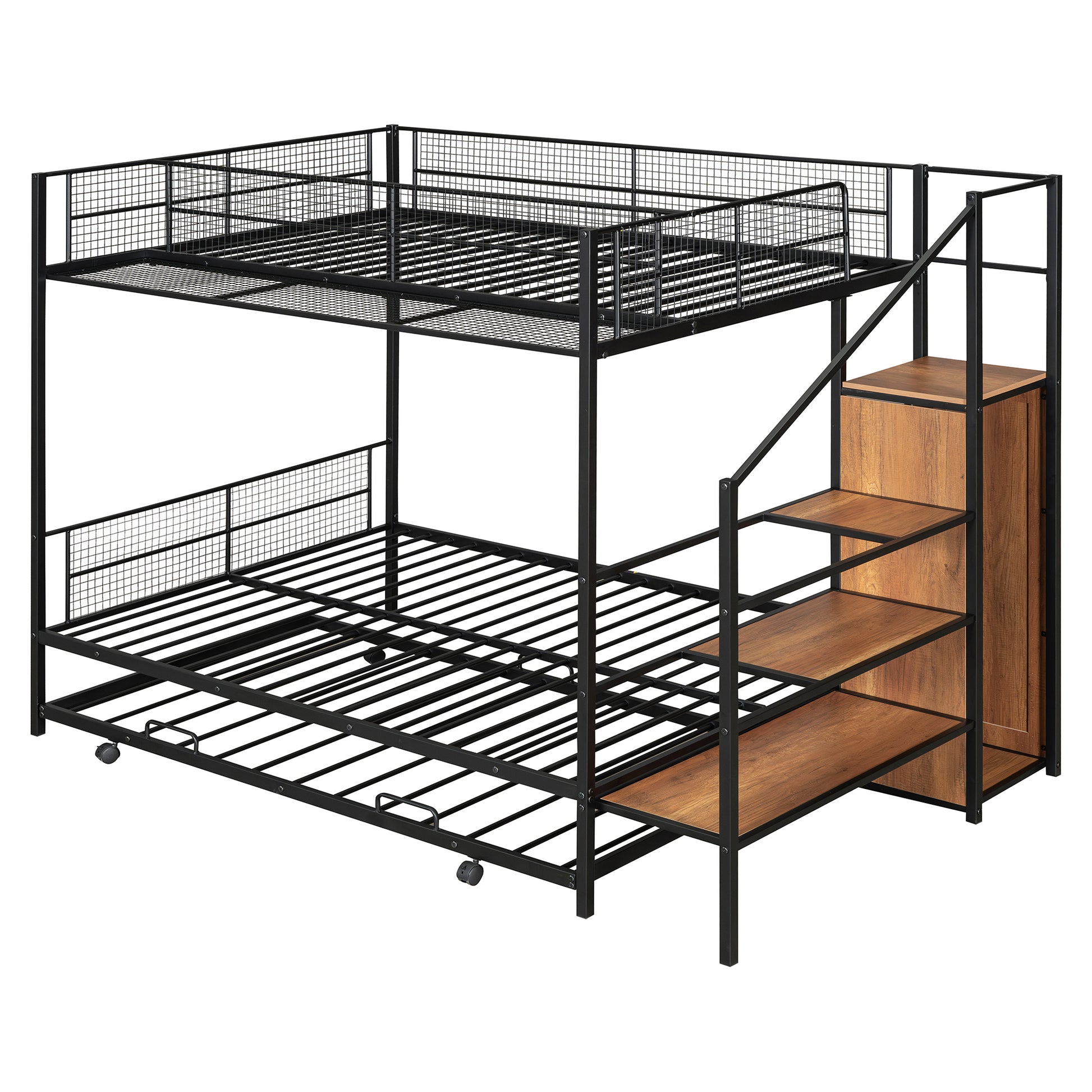 Black metal bunk bed with stairs and attached shelving unit