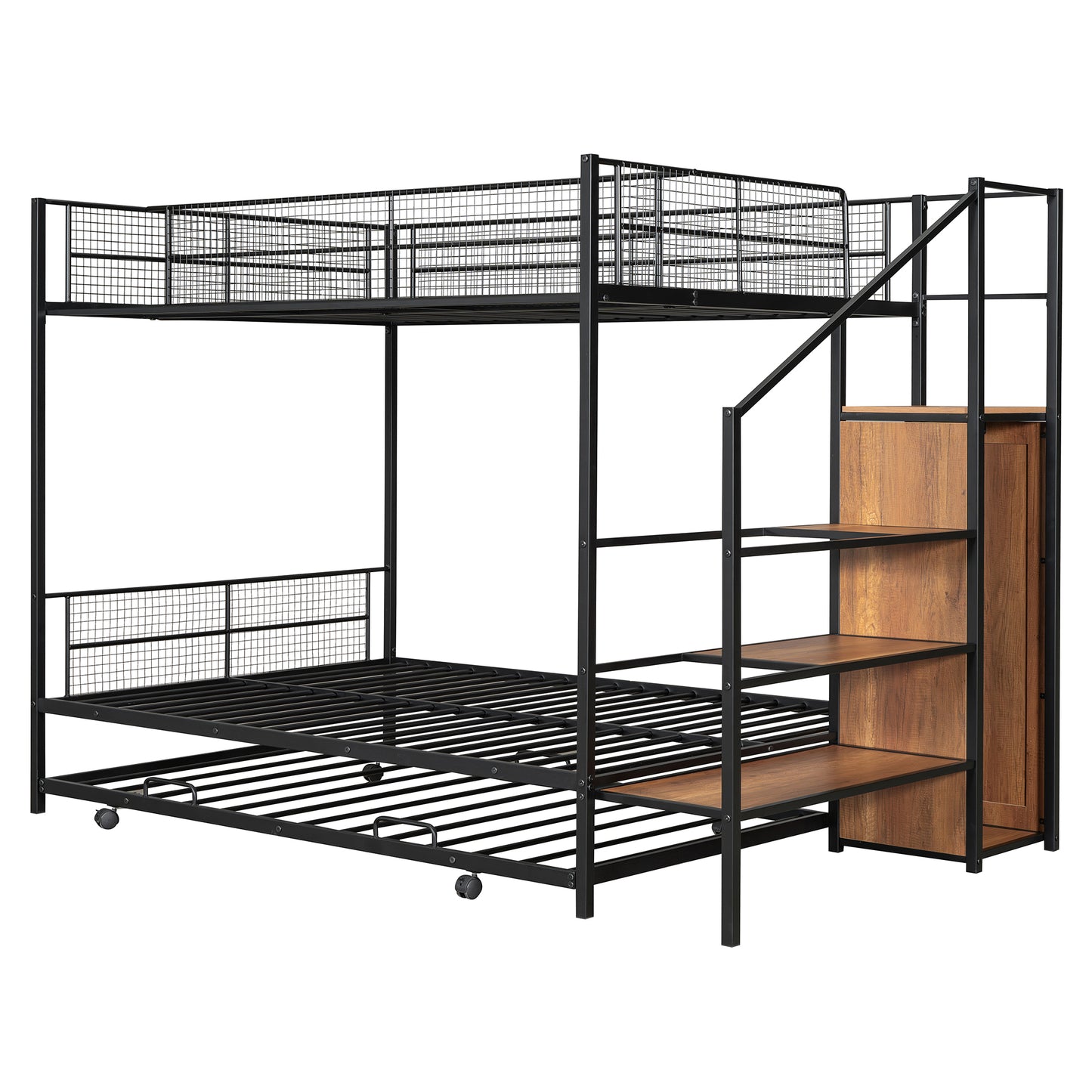 Black metal bunk bed with integrated stairs and wood shelves perfect for spacesaving
