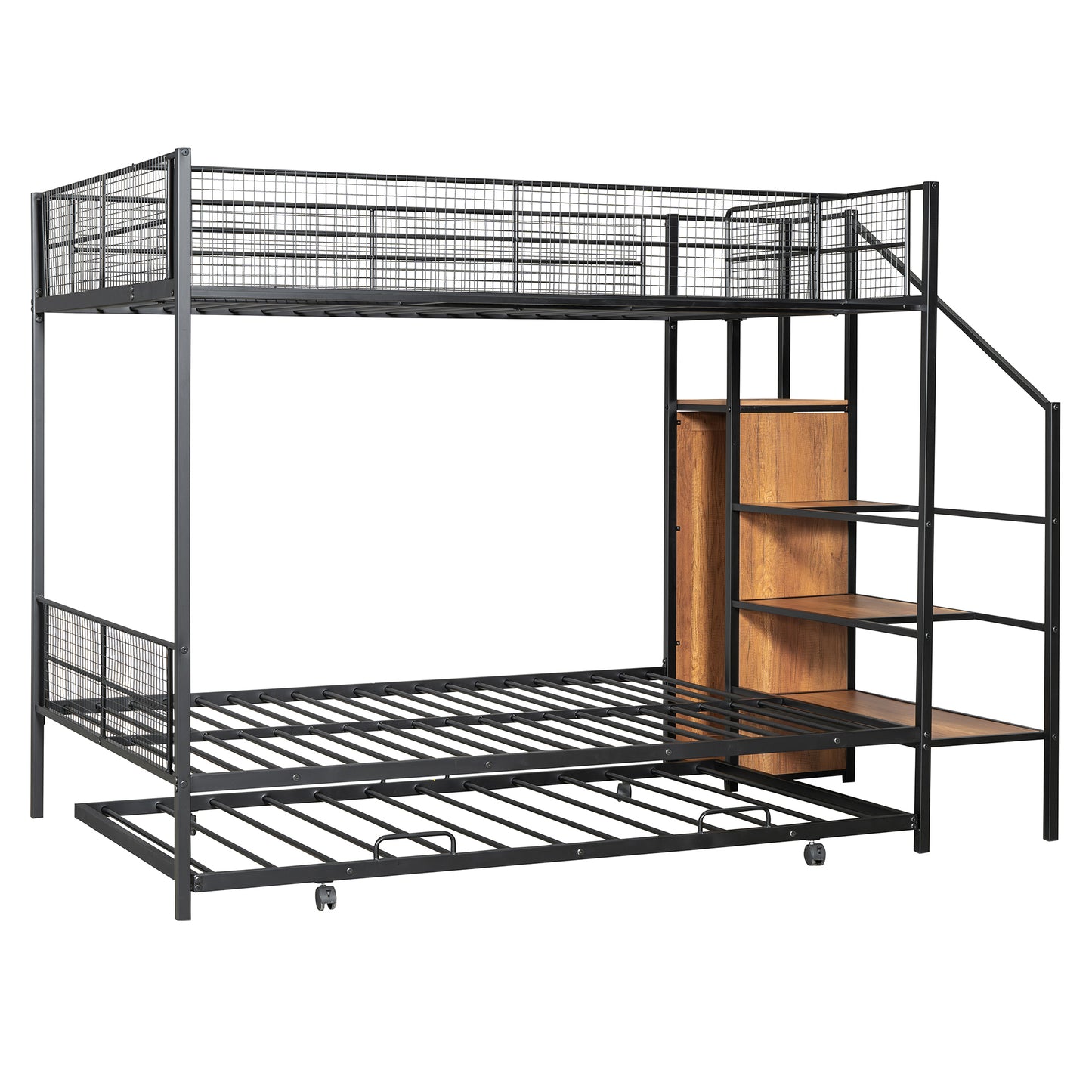 Industrial metal bunk bed with stairs and pullout trundle