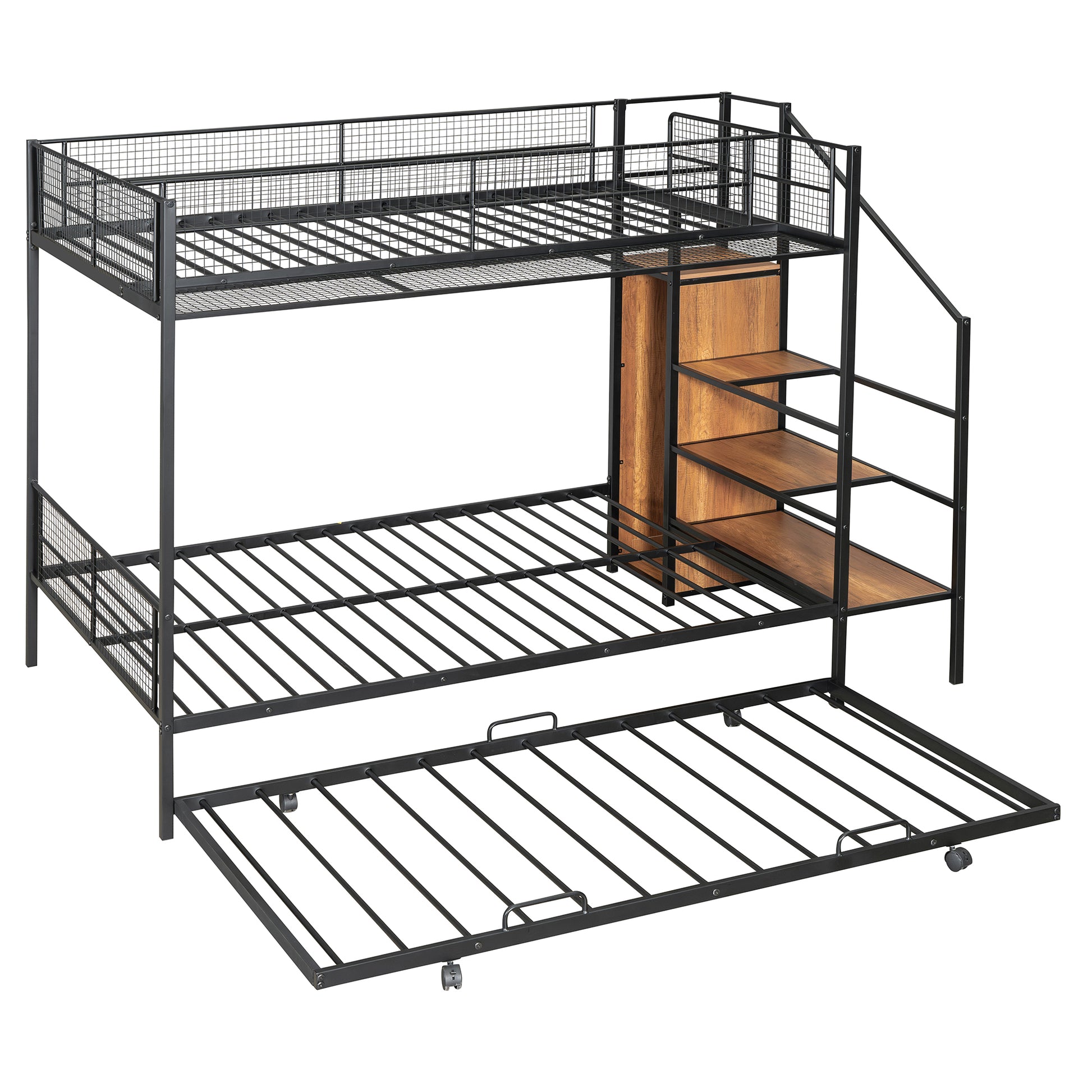 Black metal triple bunk bed with stairs and wood shelves