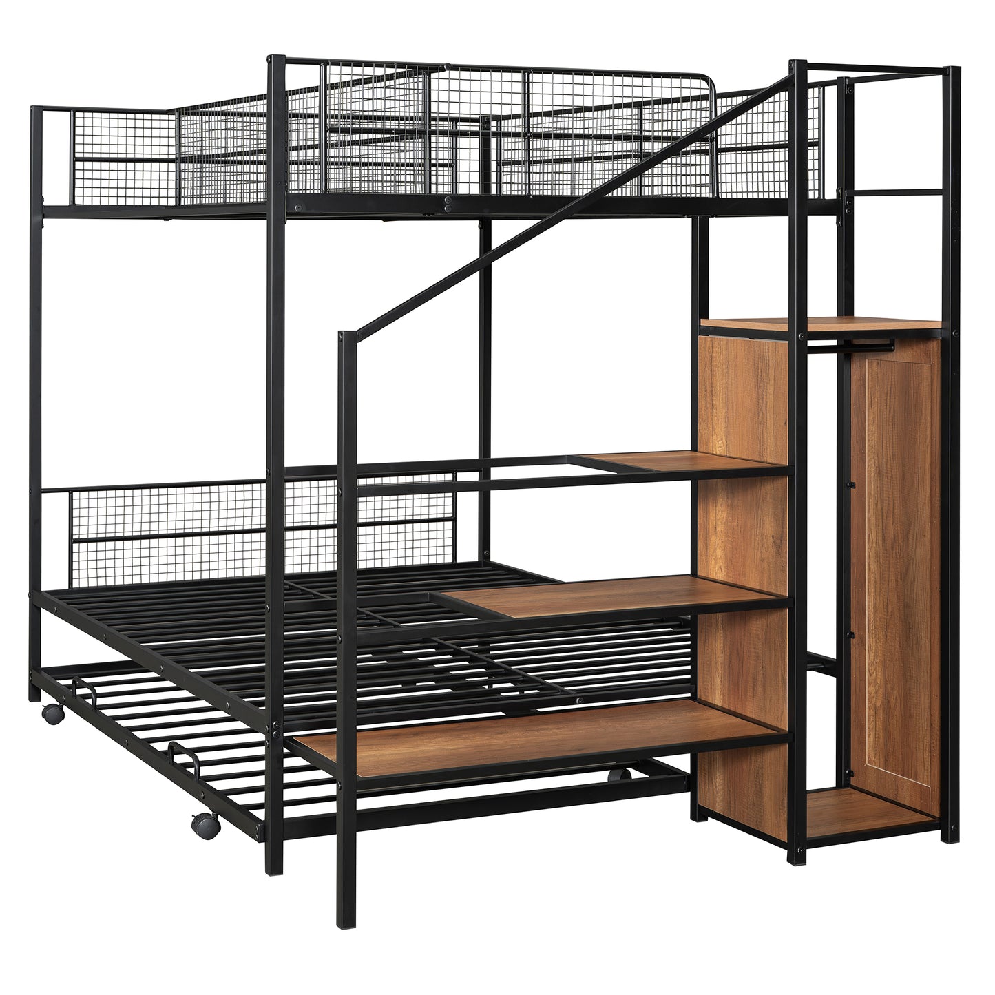 Black metal bunk bed with stairs and wooden shelves for a childs room