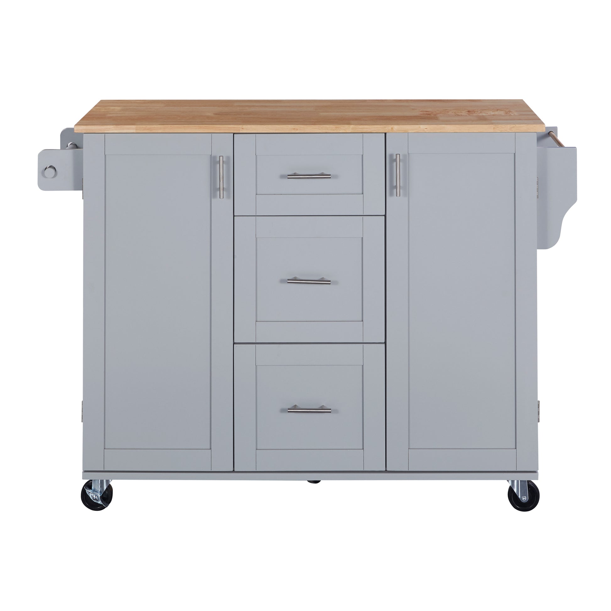Gray kitchen island cart with butcher block top and silver drawer pulls