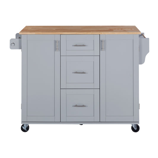 Gray kitchen island cart with butcher block top and silver drawer pulls