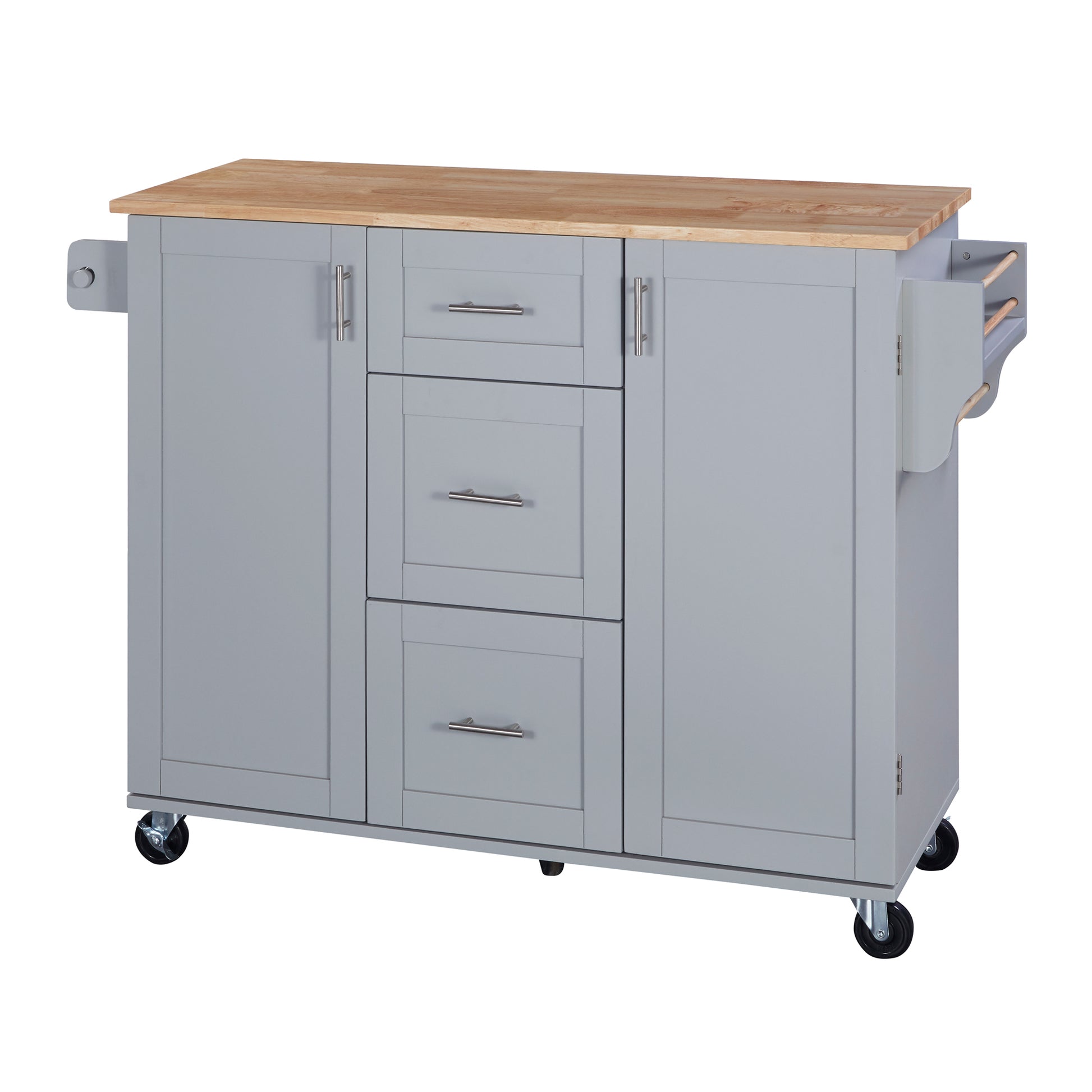 Grey kitchen island cart with butcher block top and three drawers