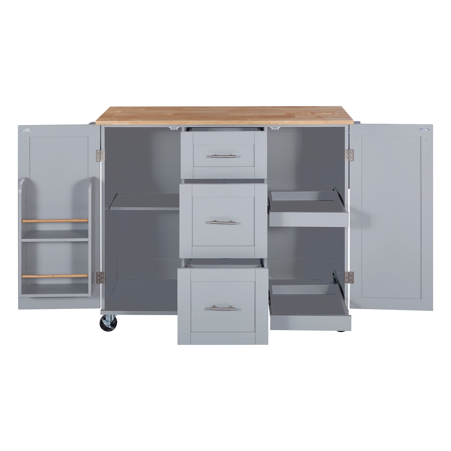 Gray kitchen island with oak top three drawers and two cabinet doors
