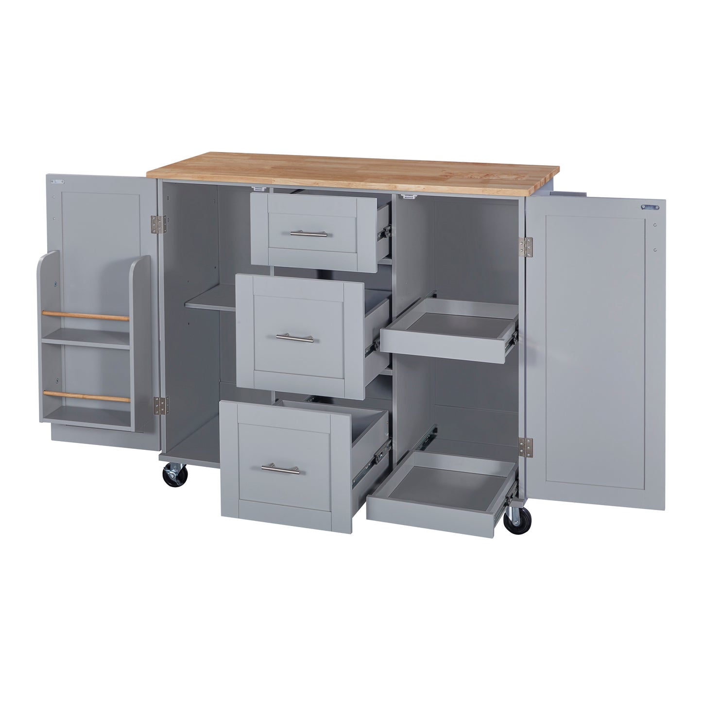 Gray kitchen island with wooden top and open drawers