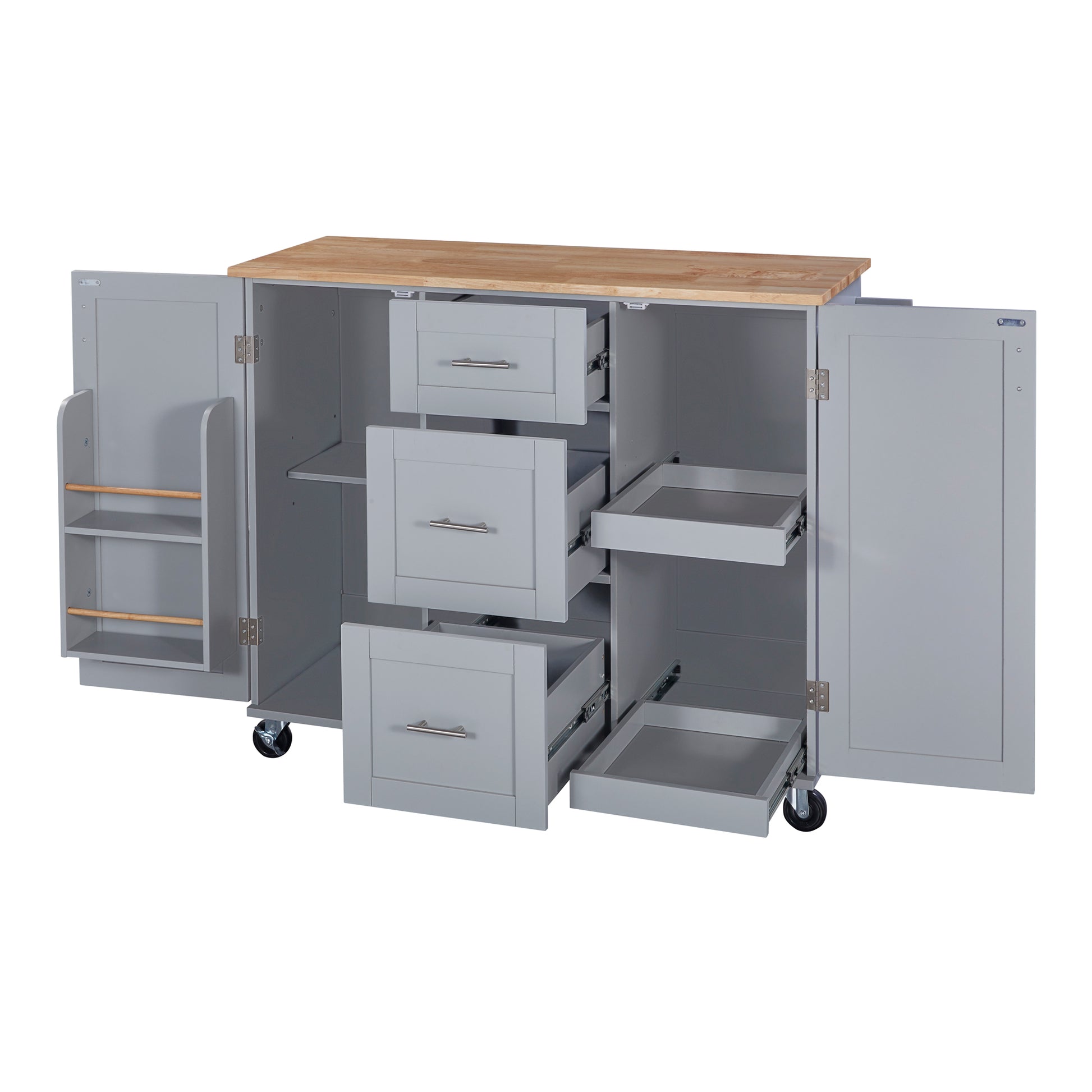 Gray kitchen island with wooden top and open drawers