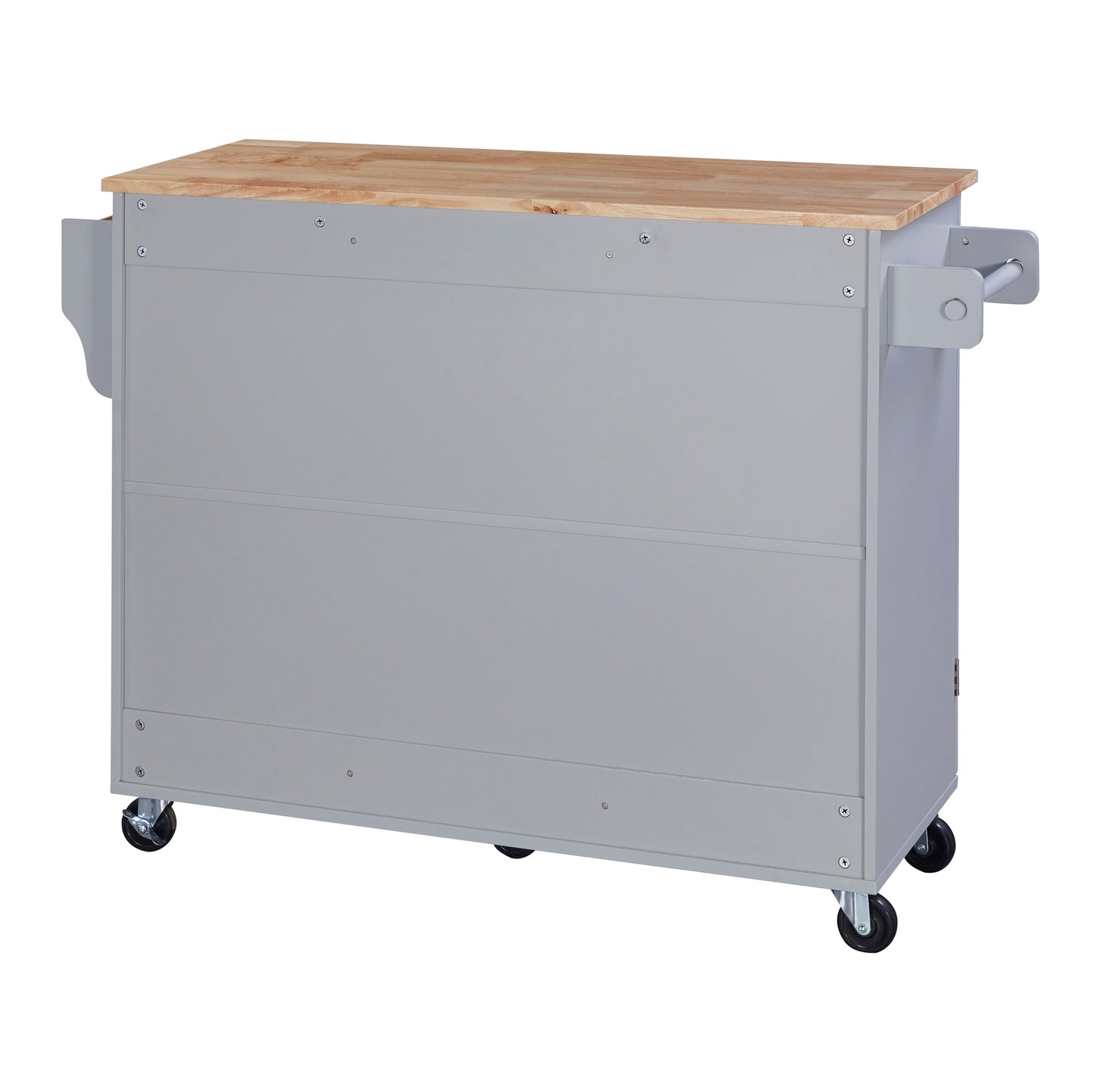 Gray kitchen island cart with natural wood butcher block top and side towel rack