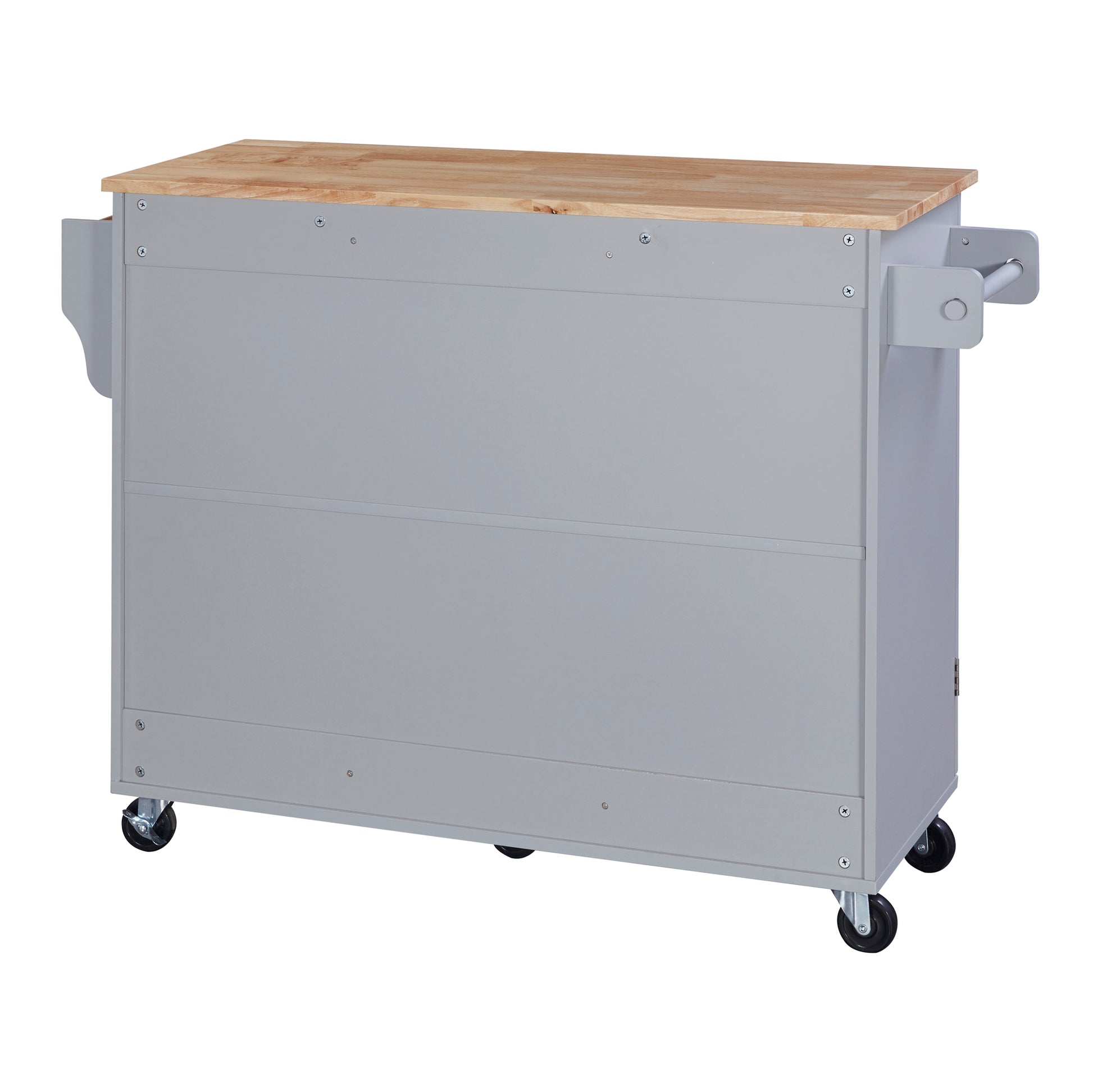 Gray kitchen island cart with natural wood butcher block top and side towel rack
