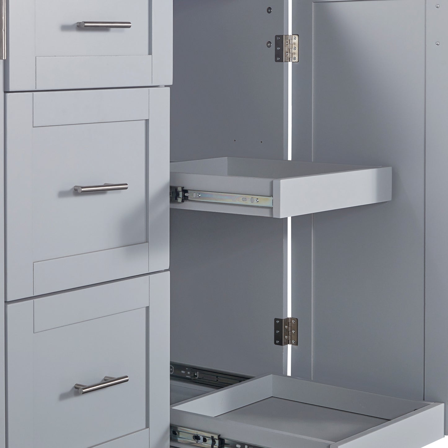 Gray bathroom vanity with brushed nickel hardware