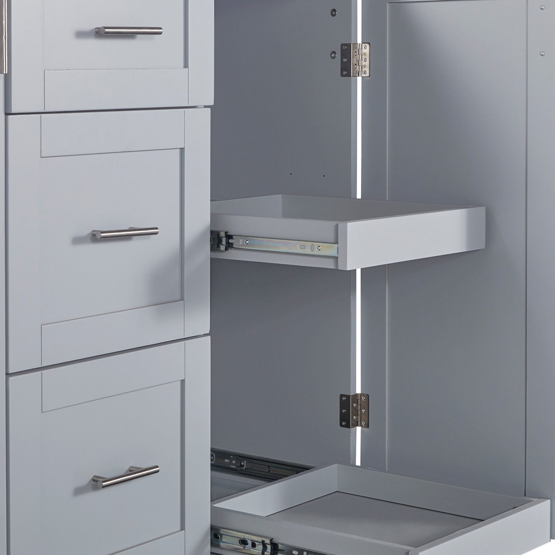 Gray bathroom vanity with brushed nickel hardware