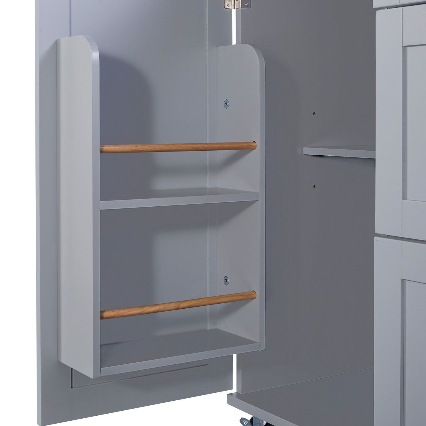 Gray kitchen cabinet interior with two wooden towel bars and shelves