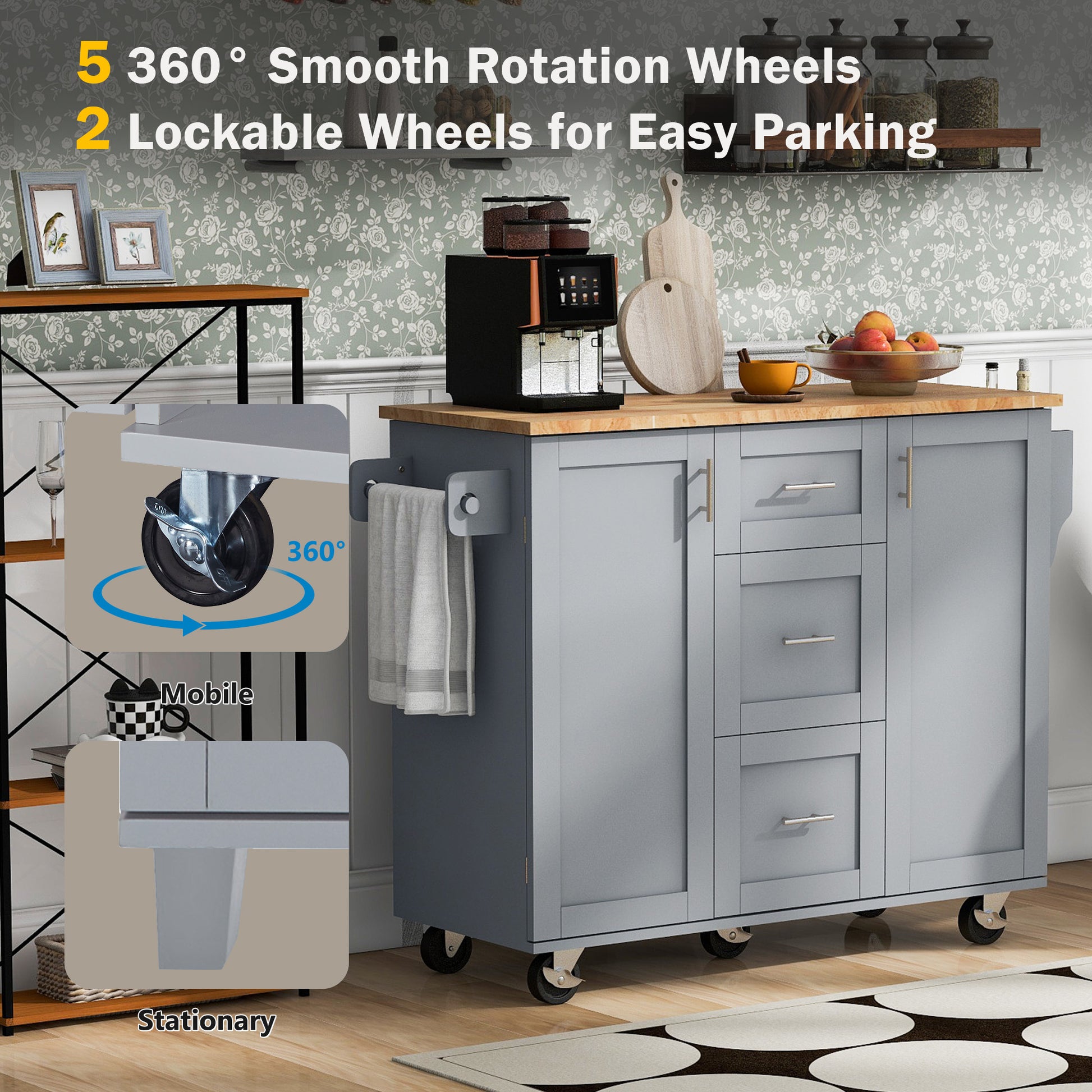 Gray kitchen island cart with  smooth rotation wheels
