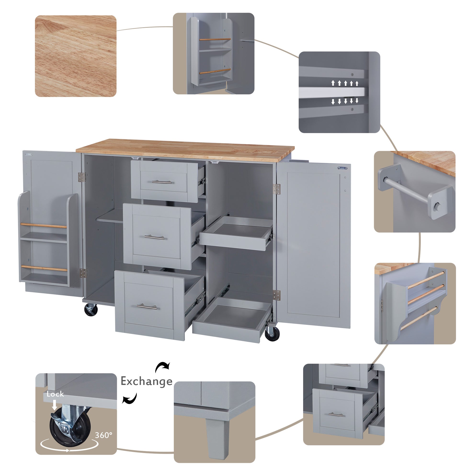 Gray kitchen island cart with wooden top and multiple drawers