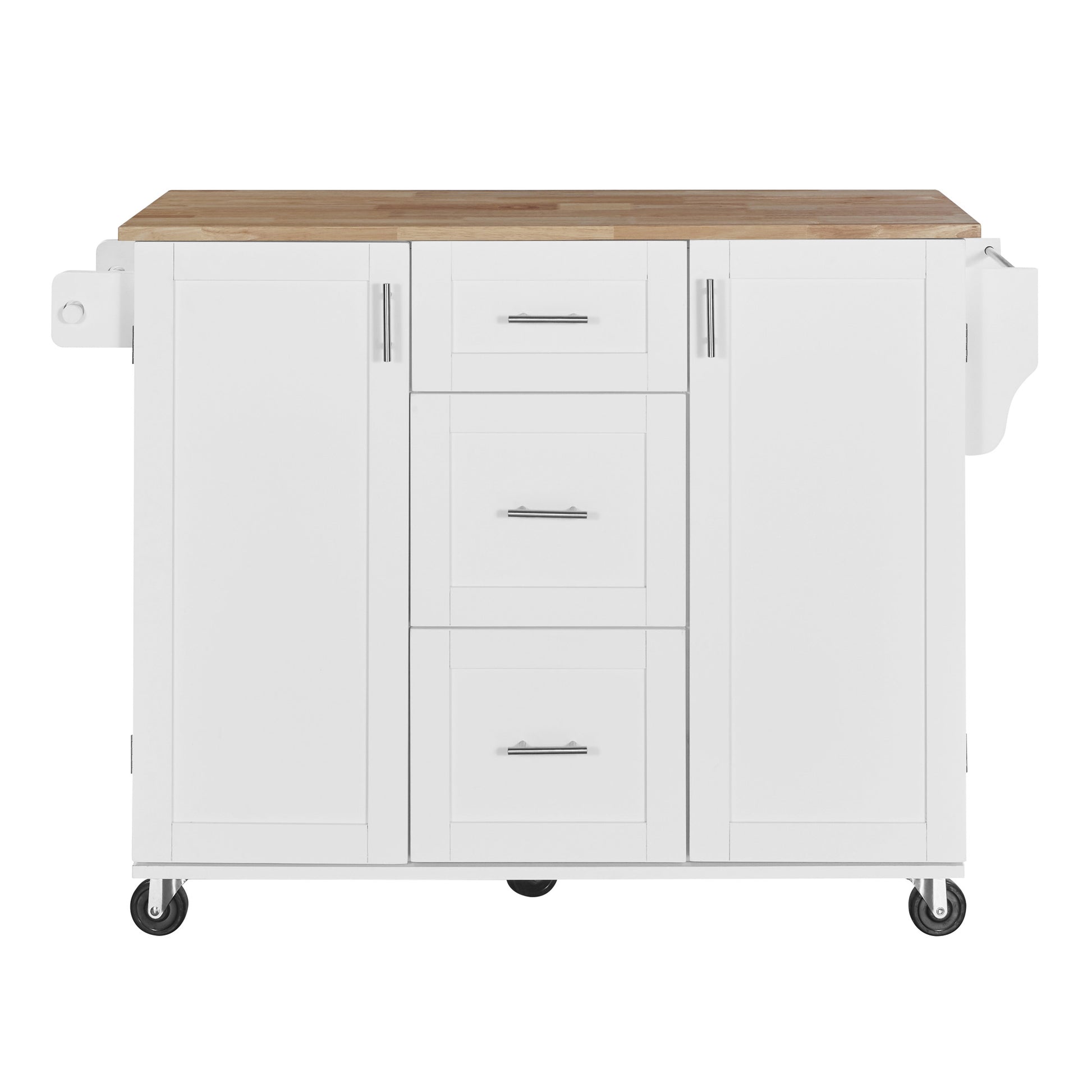 White kitchen island cart with butcher block top and drawers