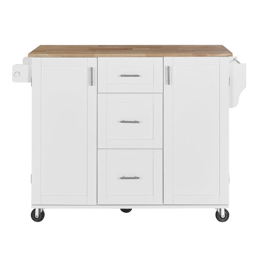 White kitchen island cart with butcher block top and drawers