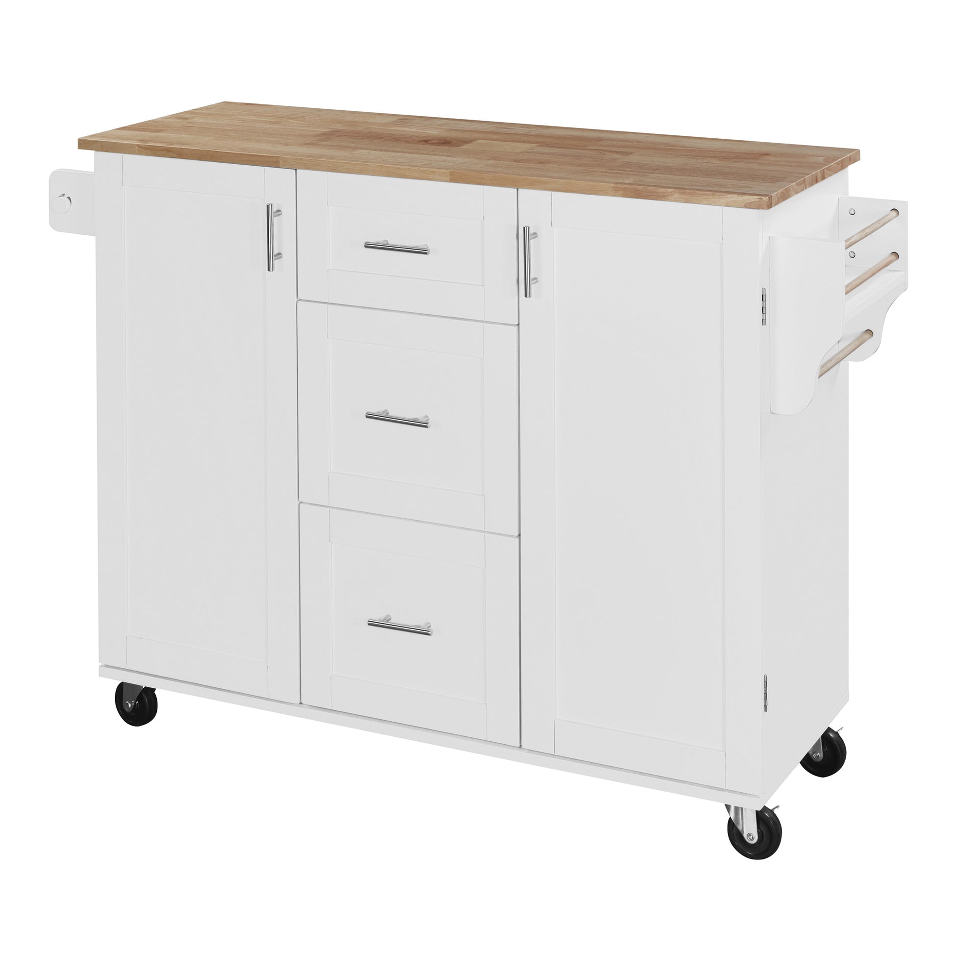 White kitchen island with butcher block top and three drawers