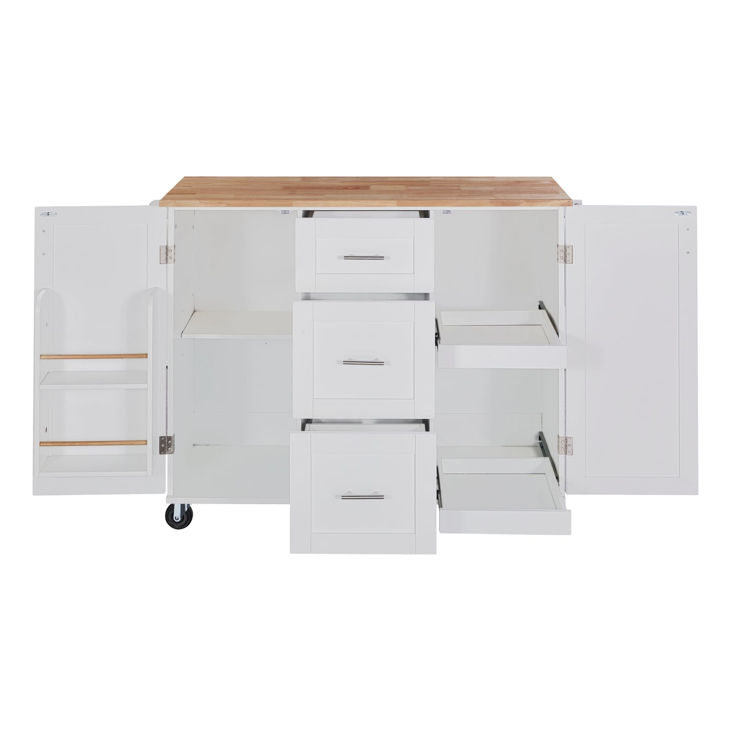 White kitchen island with butcher block top and open drawers