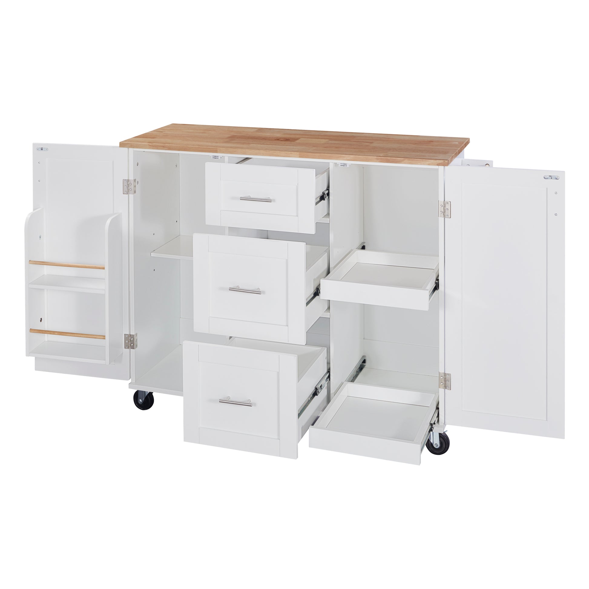 White kitchen island with drawers and open cabinet doors