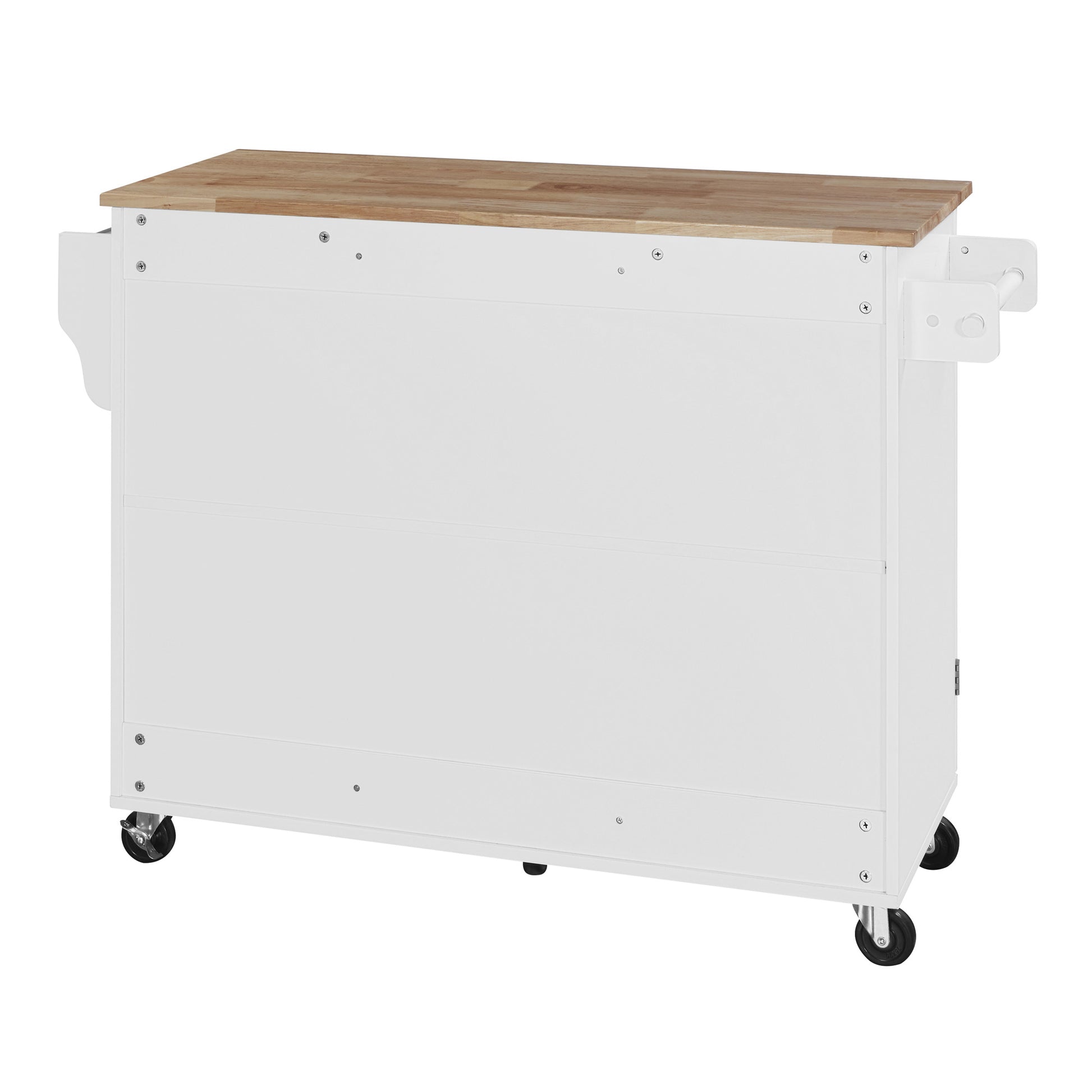 White kitchen cart with wooden butcher block top and wheels