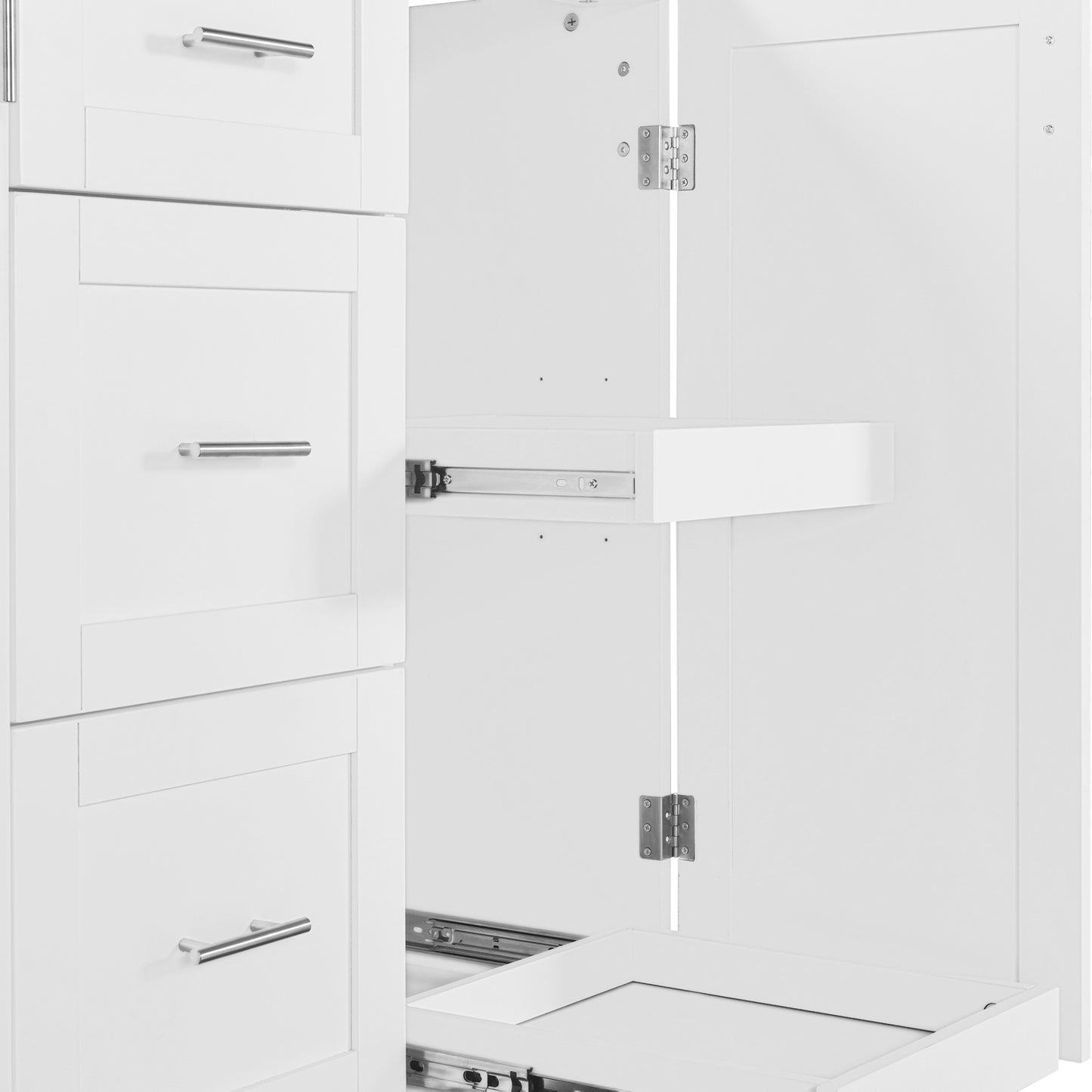 White shaker style drawer front with brushed nickel pull