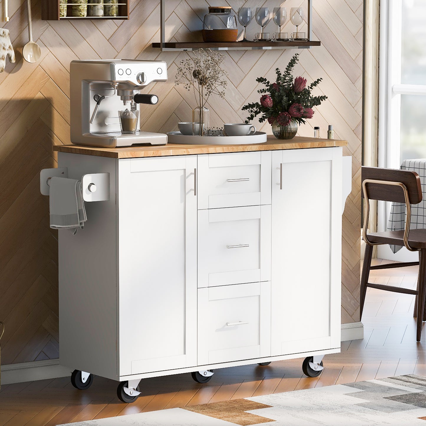 White kitchen island cart with butcher block top and casters