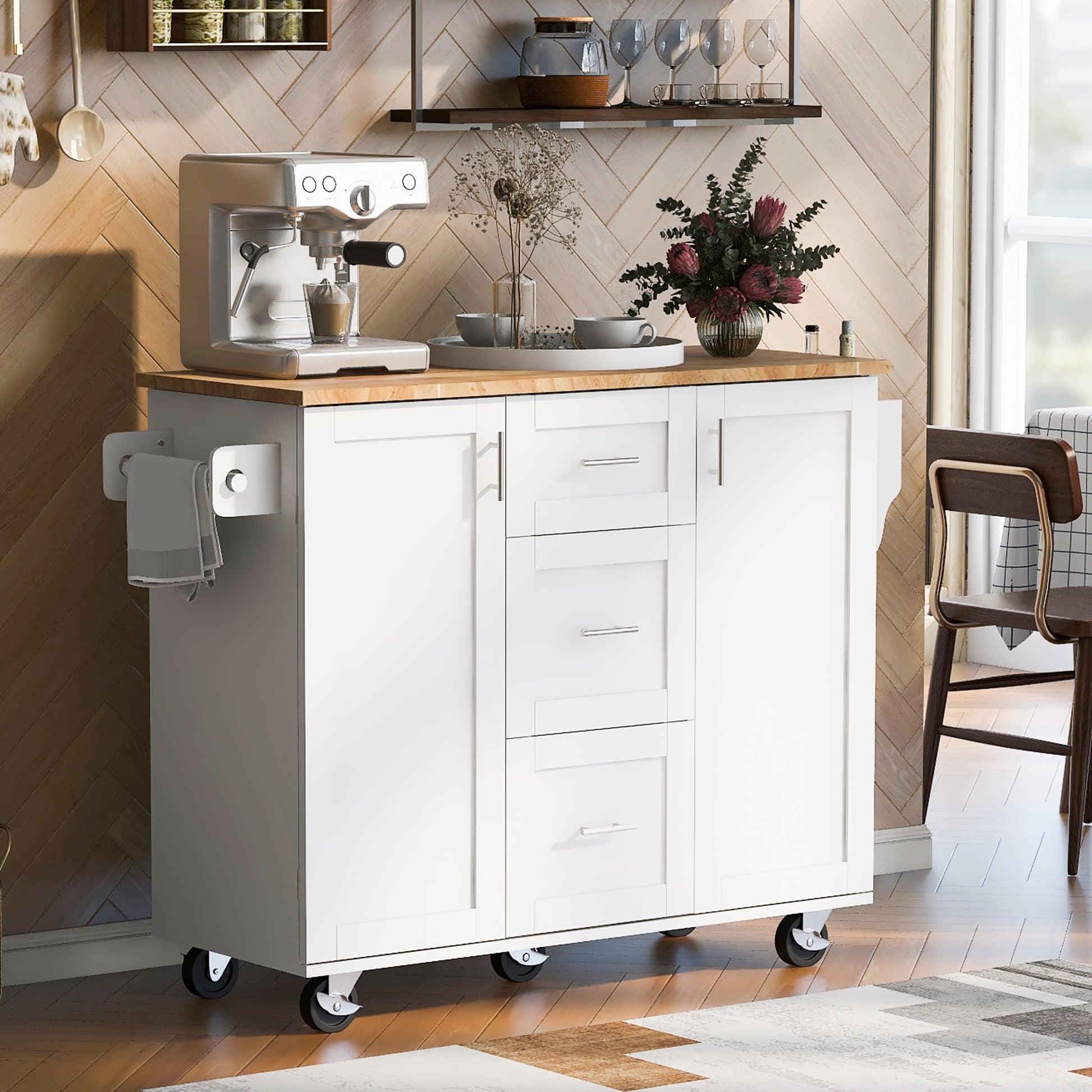 White kitchen island cart with butcher block top and casters