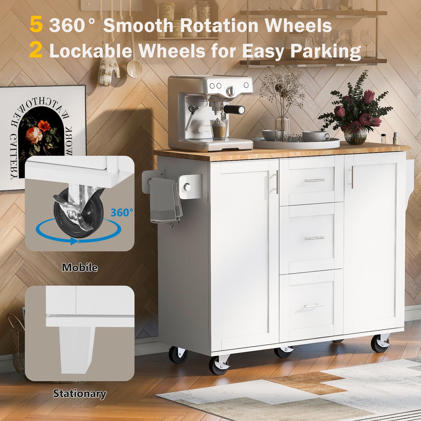 White kitchen island with wood countertop and espresso machine