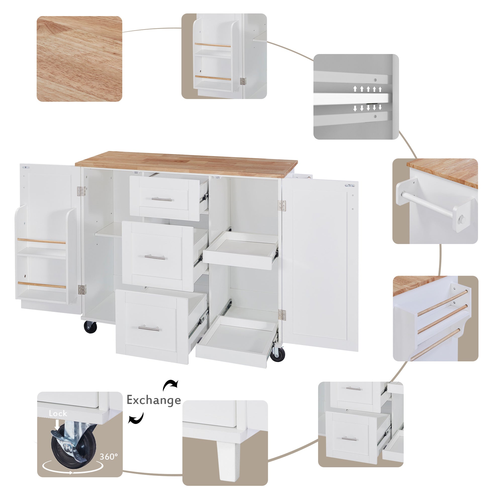 White kitchen cart with wood countertop and multiple drawers