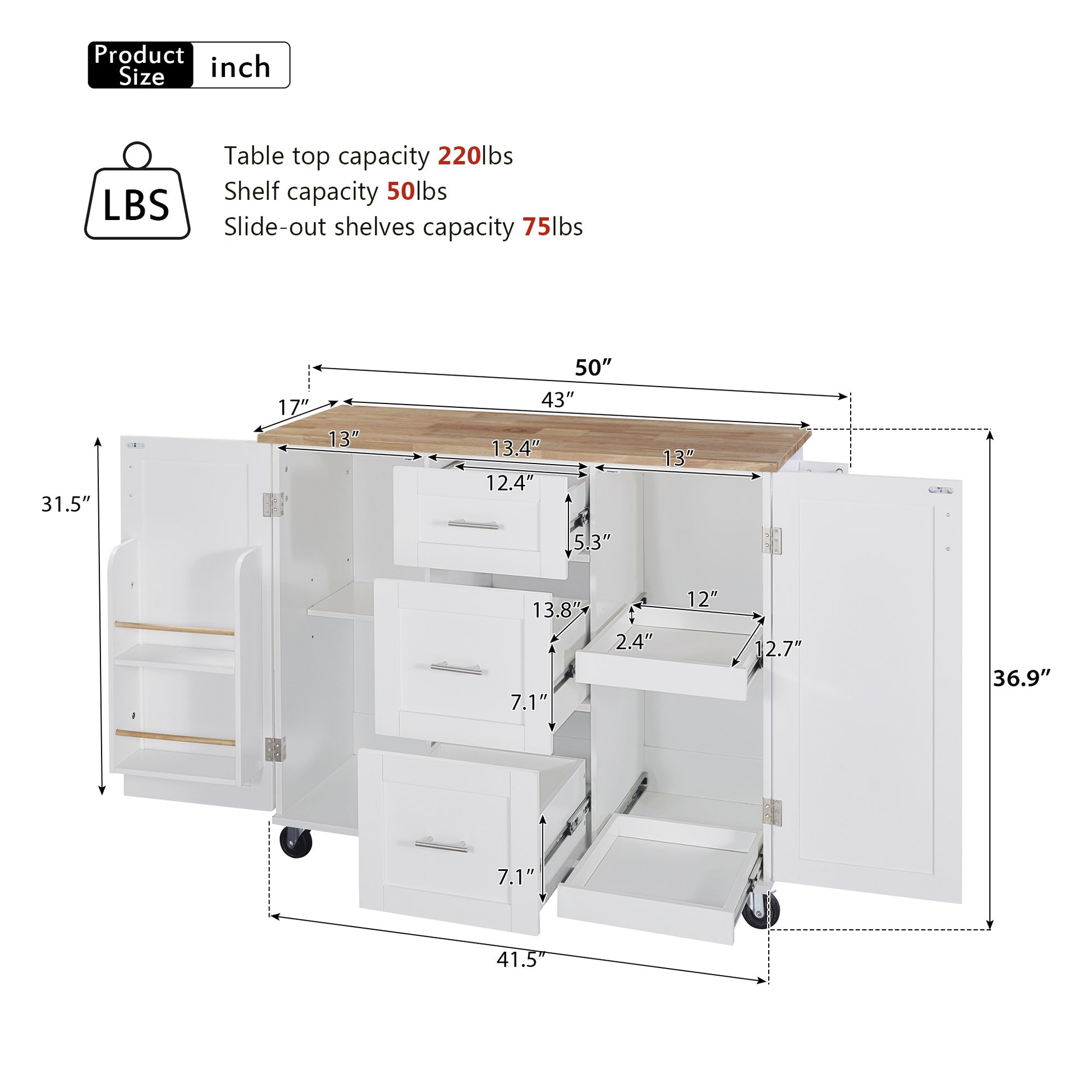 White kitchen island cart with butcher block top  W x  H