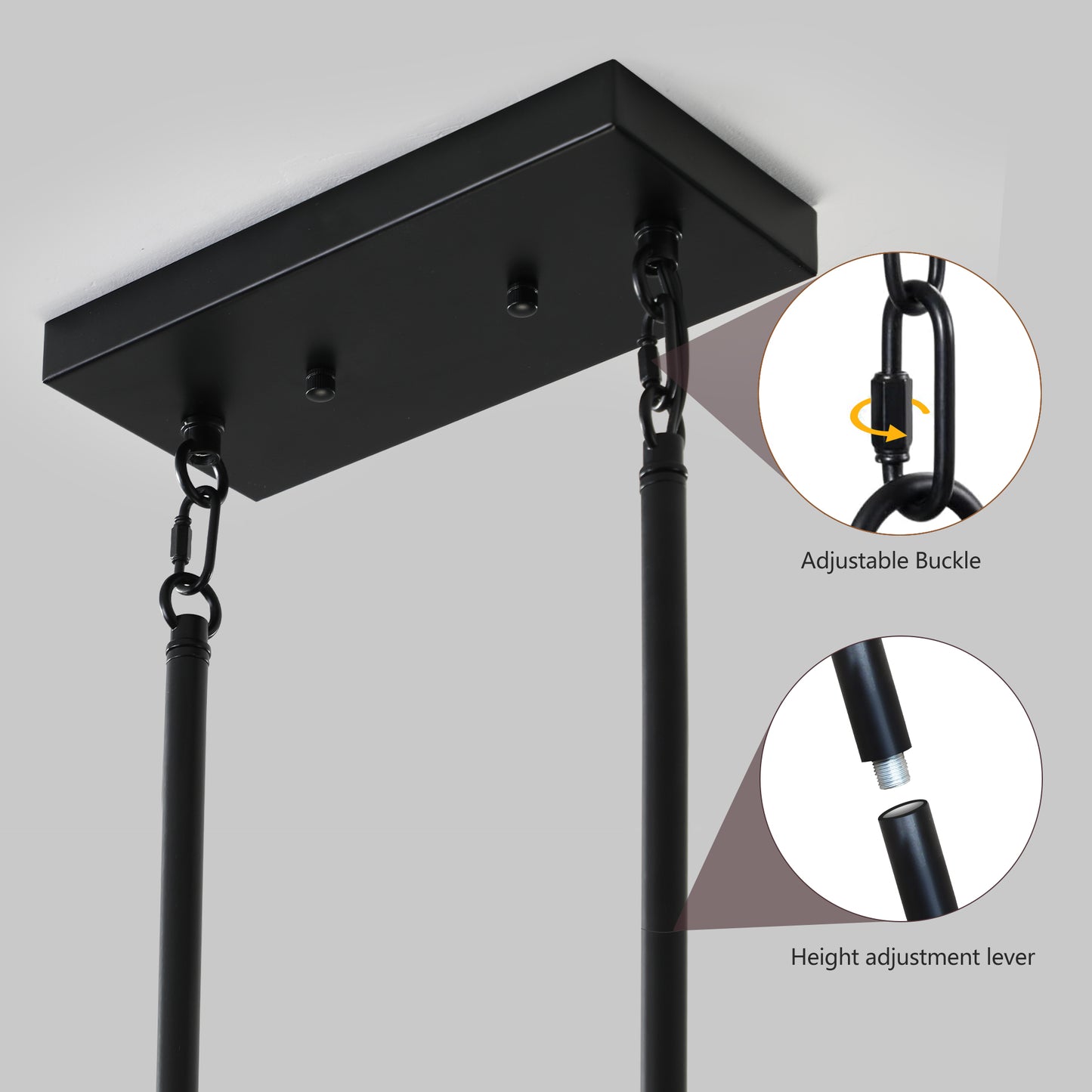 Black rectangular ceiling mount with adjustable chain buckle for pendant lights