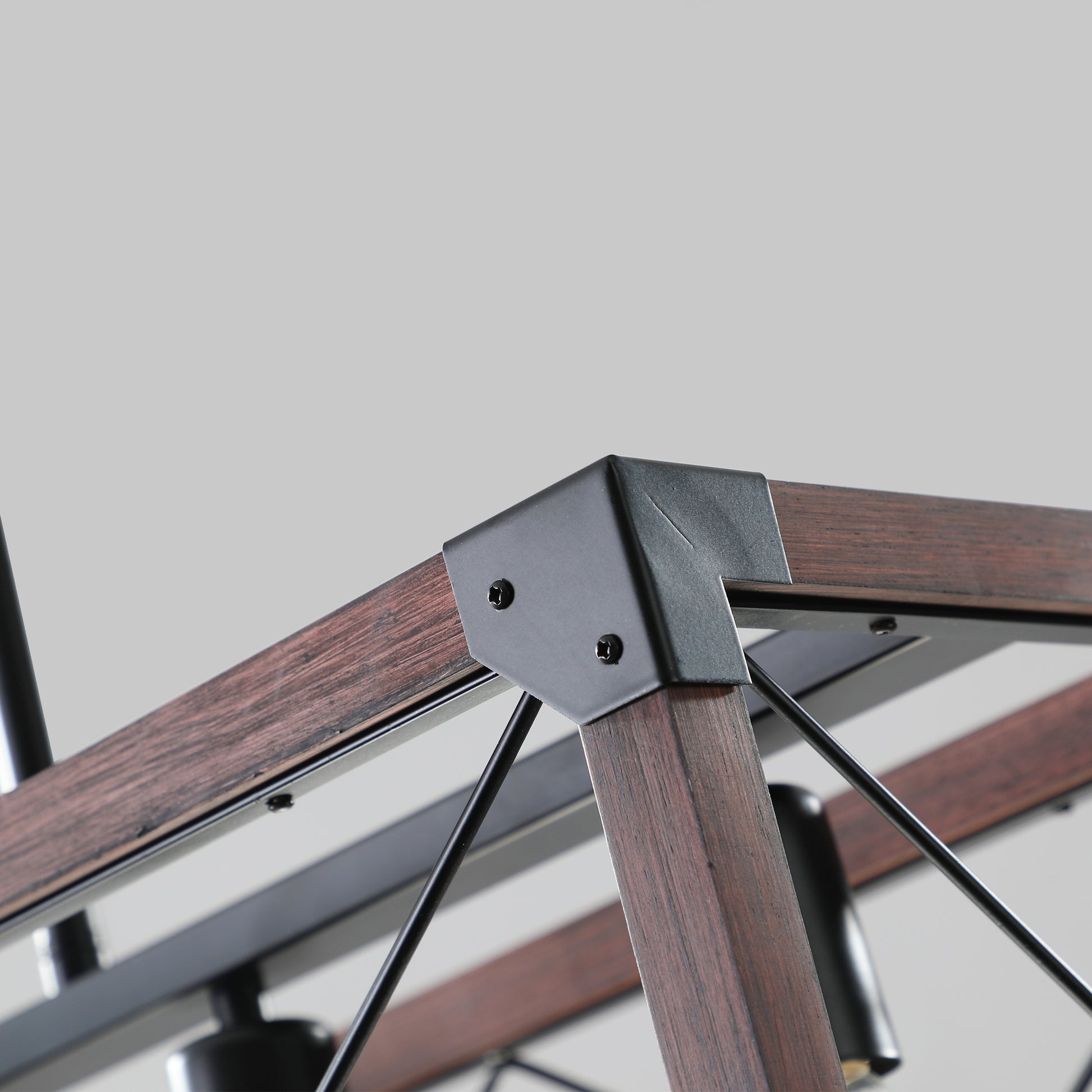 Farmhouse chandelier with dark wood and black metal frame detail