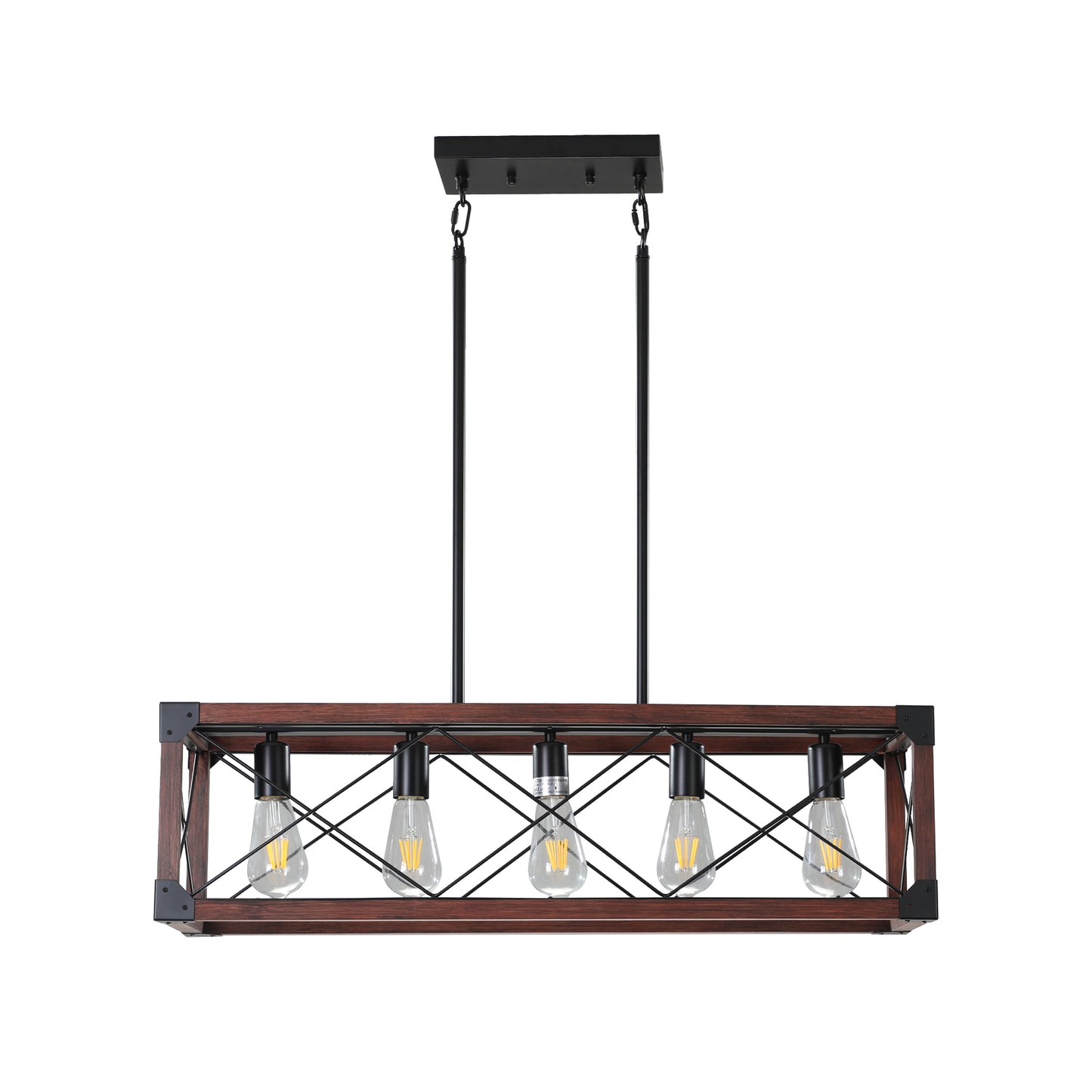 Rectangular dark wood and black metal chandelier with  Edison bulbs
