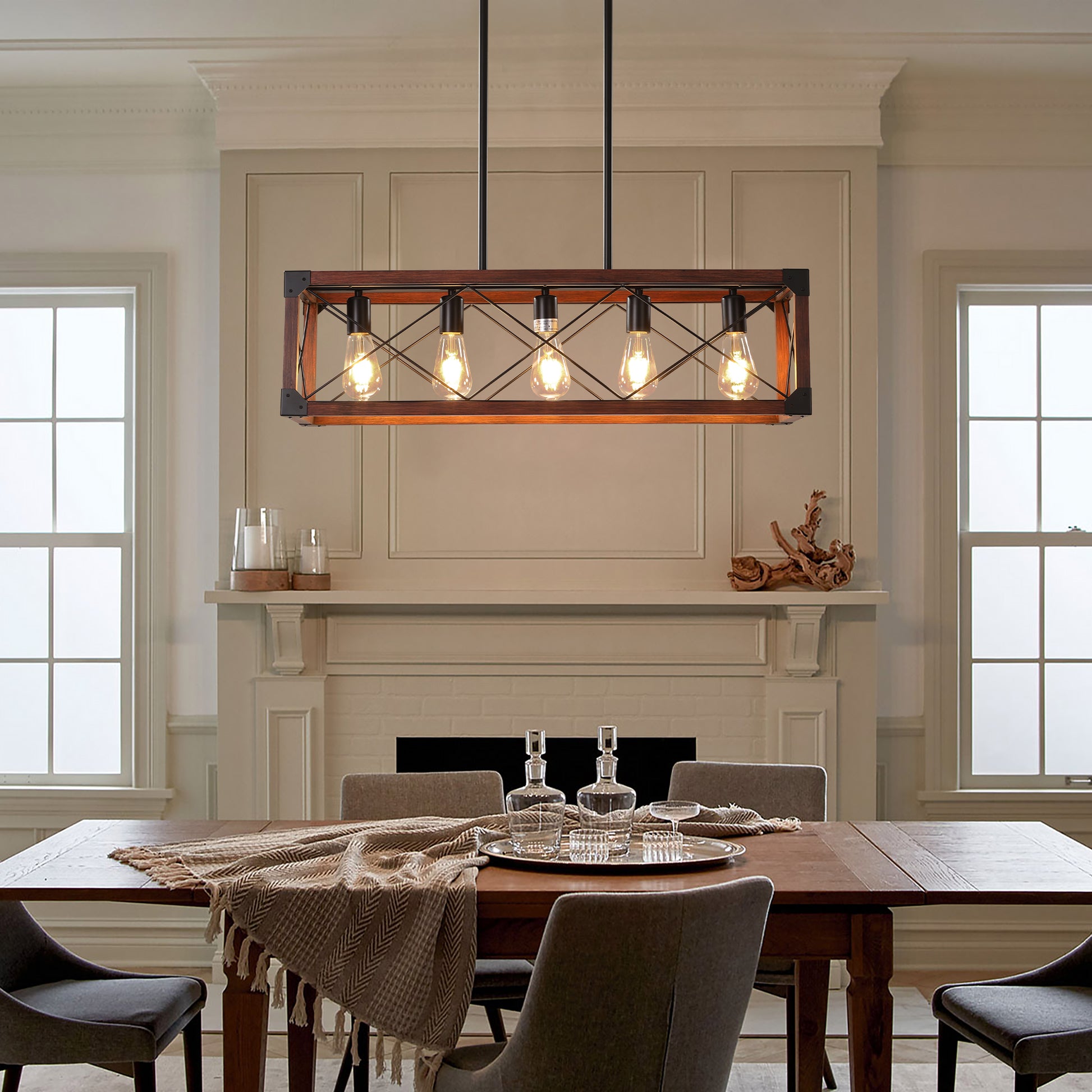 Rustic wood and black metal dining room chandelier with five exposed Edison bulbs