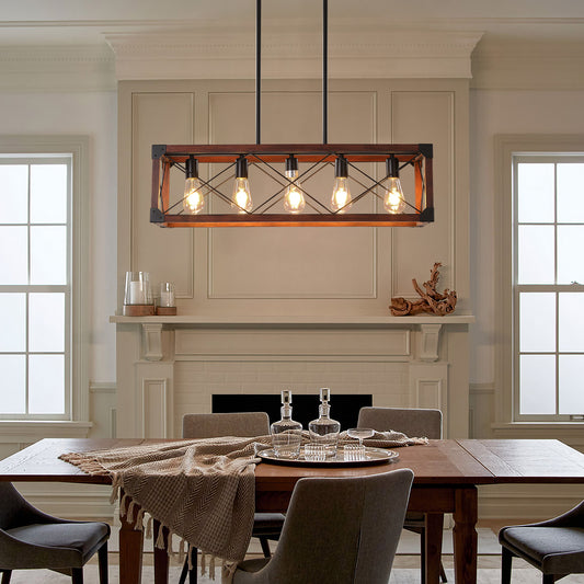 Rustic wood and black metal dining room chandelier with five exposed Edison bulbs