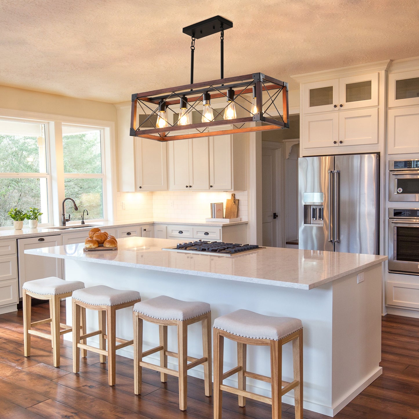Rectangular dark wood and black metal farmhouse kitchen island chandelier with five Edison bulbs