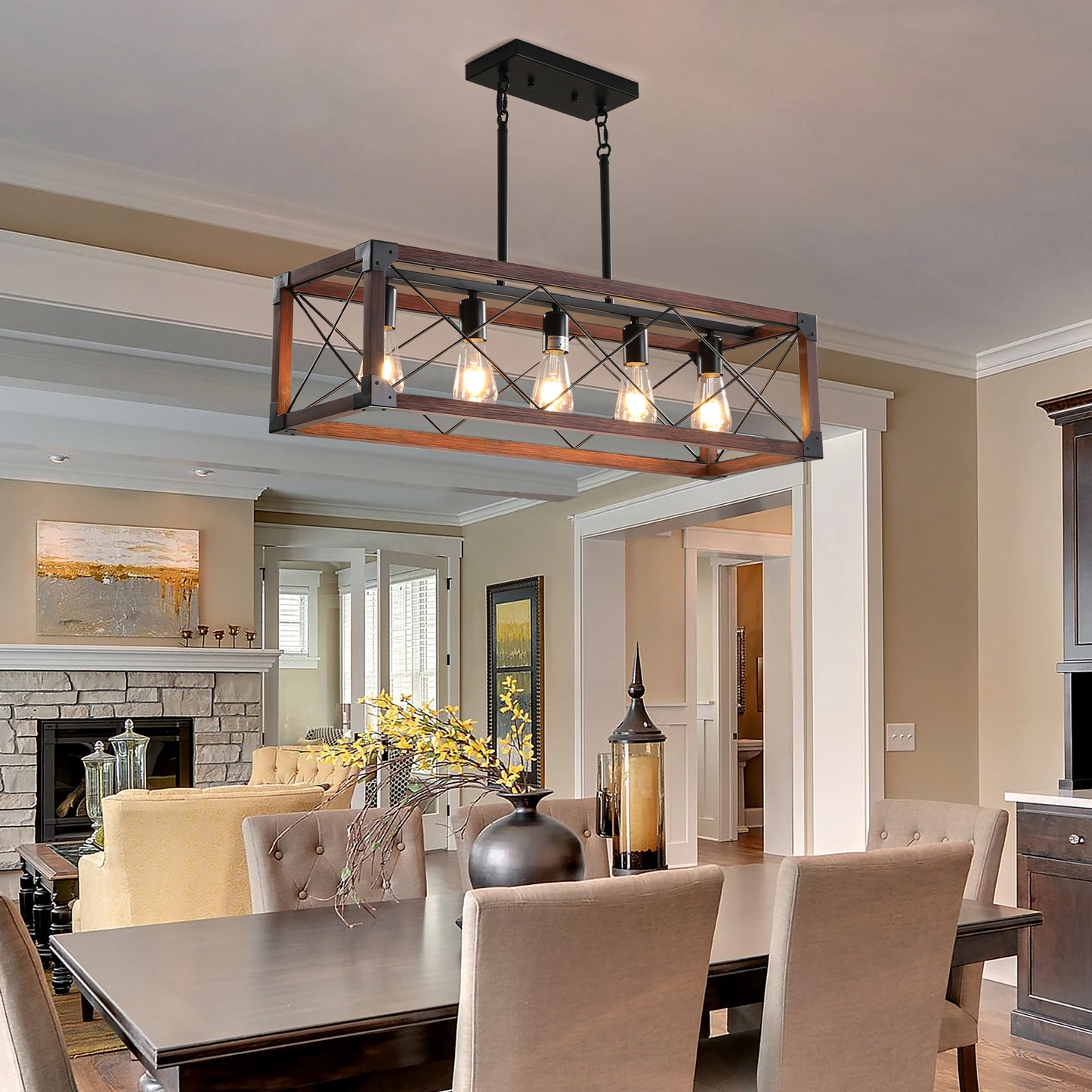 Farmhouse rectangular chandelier with dark wood frame and five exposed bulbs