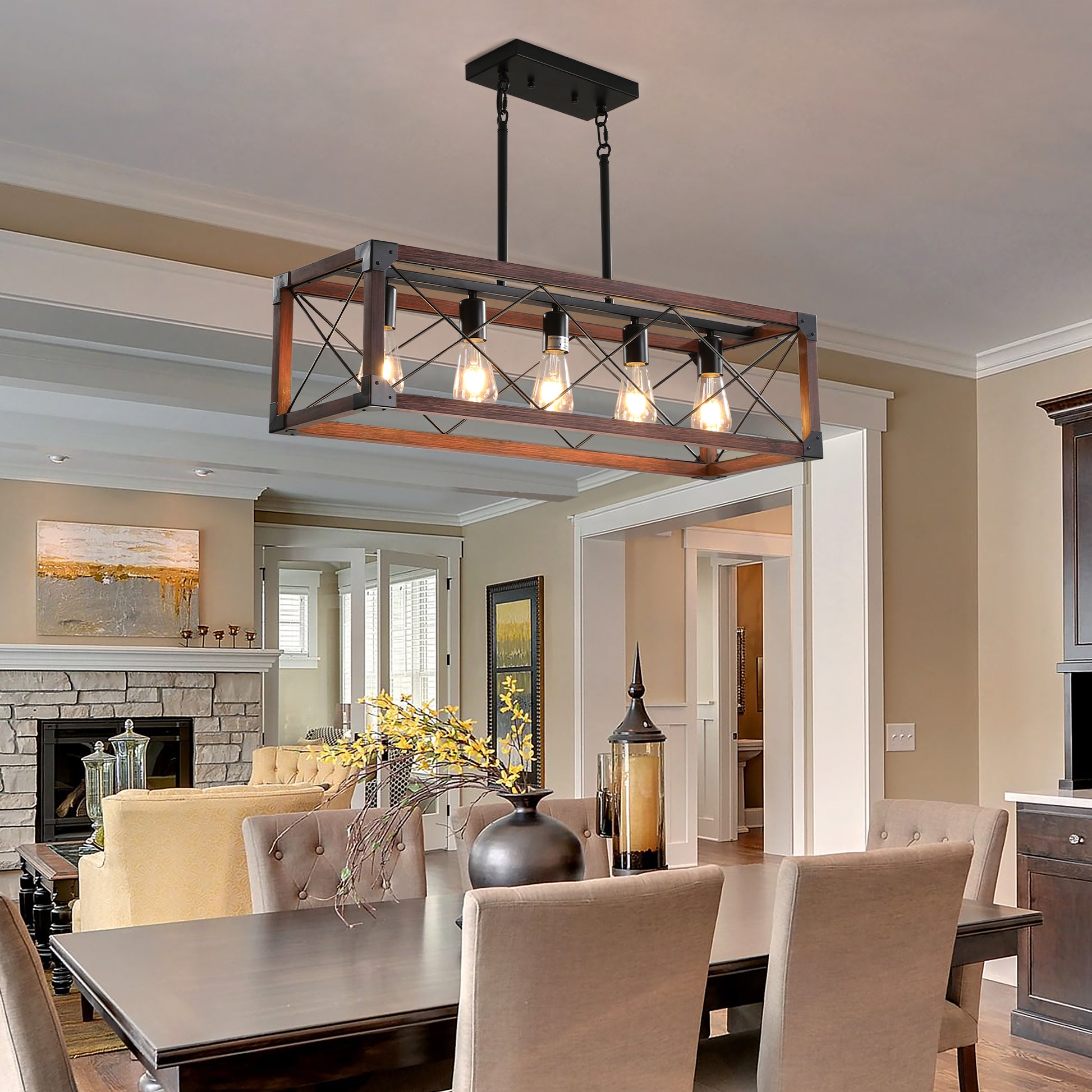 Farmhouse rectangular chandelier with dark wood frame and five exposed bulbs