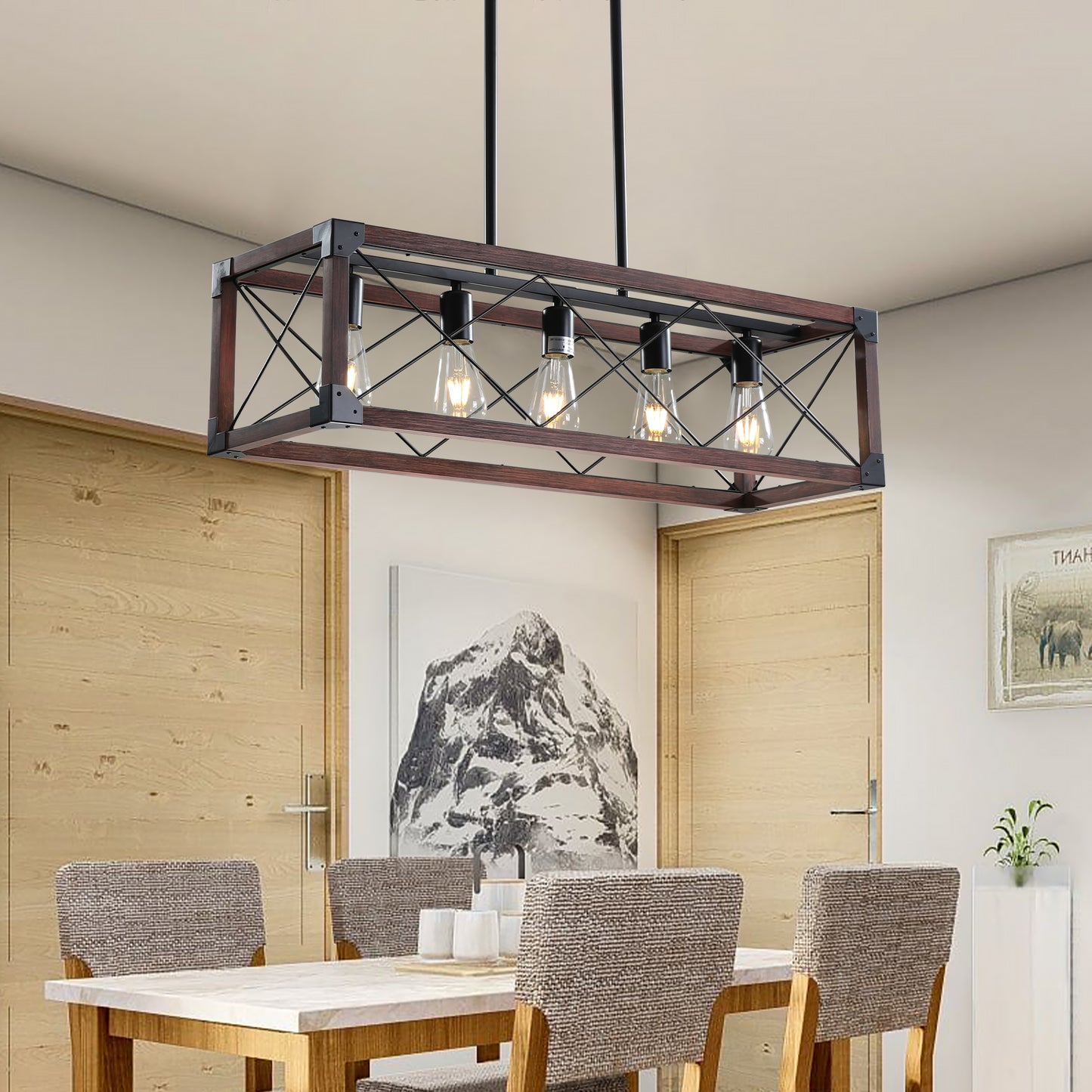 Rectangular rustic wood and black metal chandelier with five Edison bulbs over a dining table