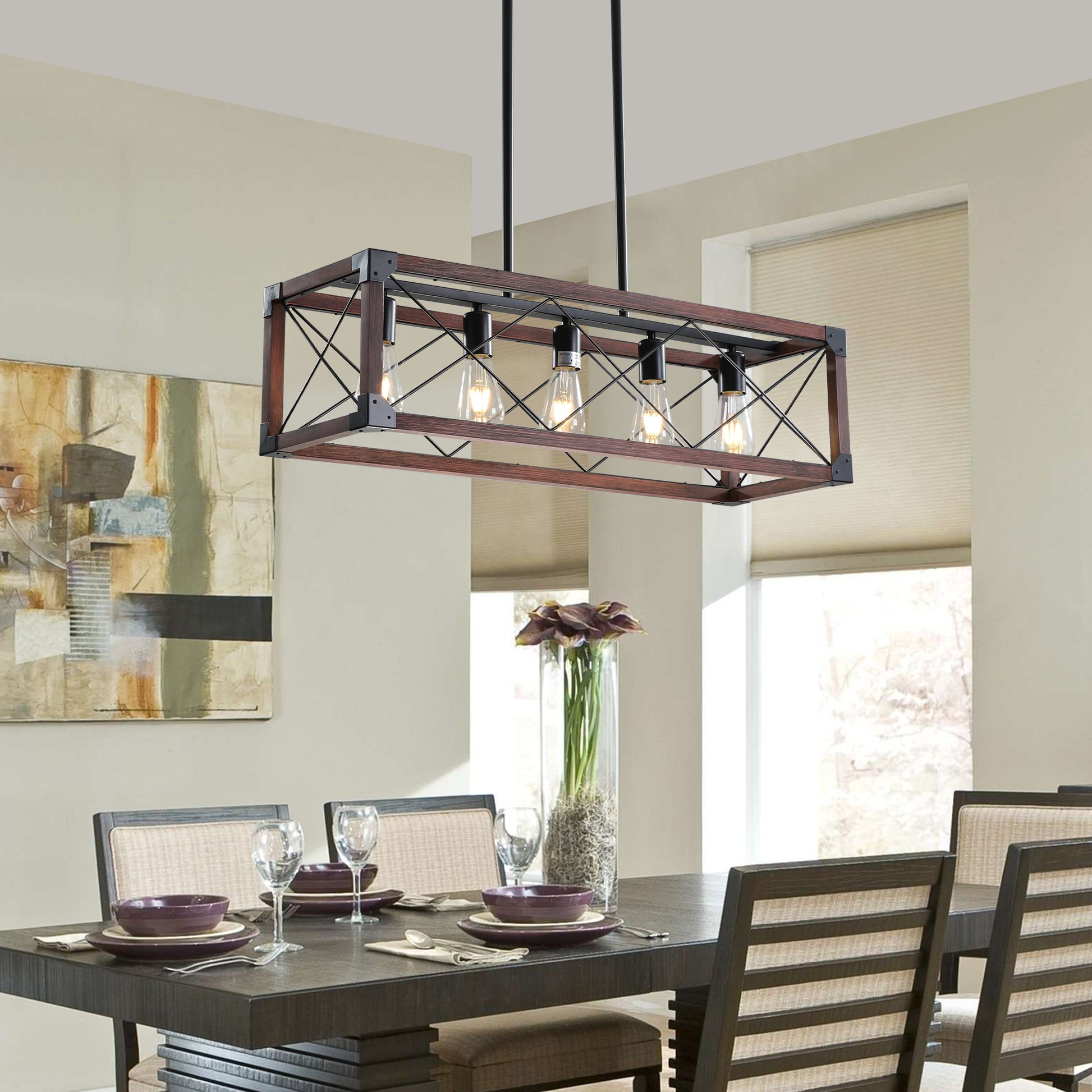 Rectangular wood and black metal farmhouse chandelier with  Edison bulbs
