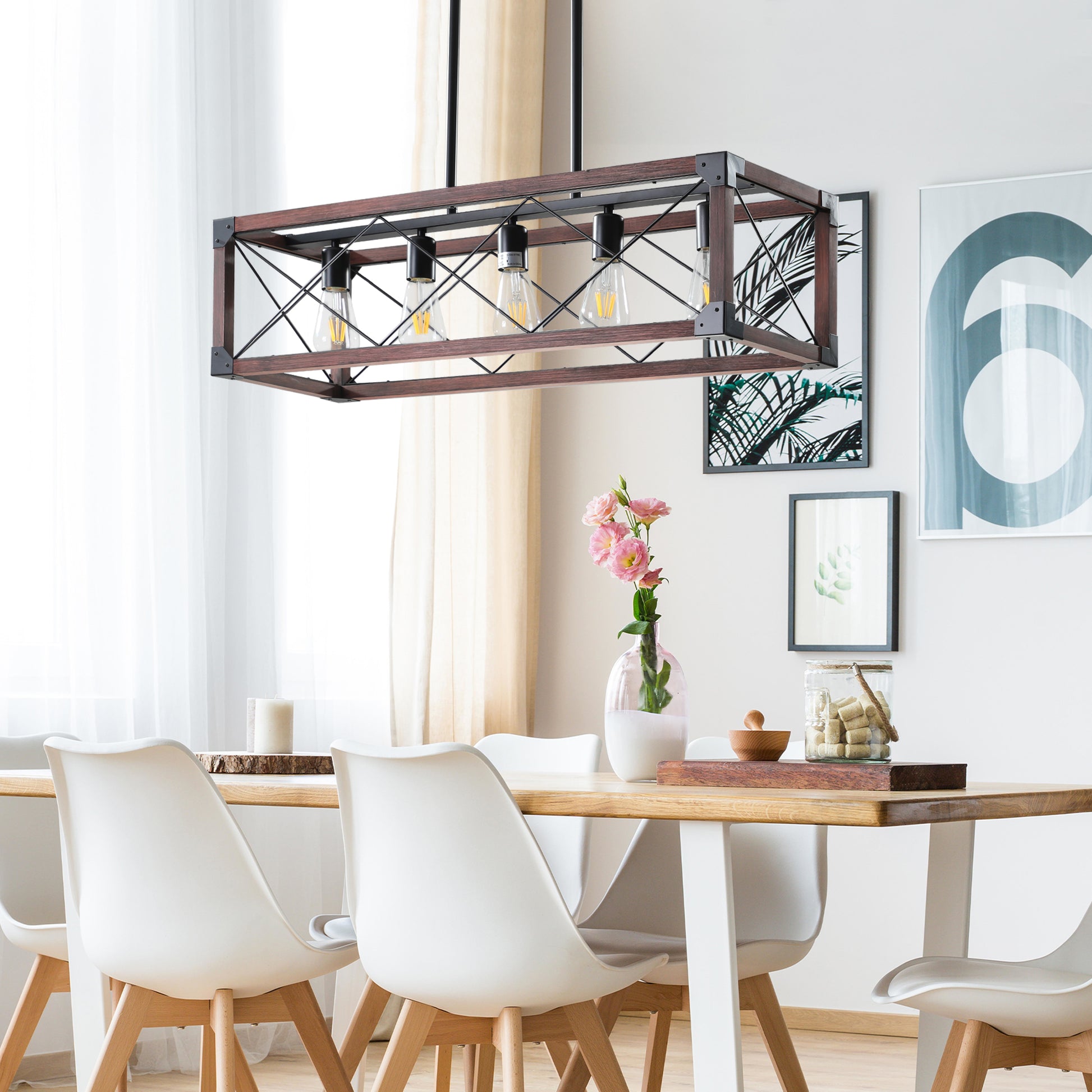 Rectangular wood and black metal farmhouse chandelier with exposed Edison bulbs perfect for dining rooms
