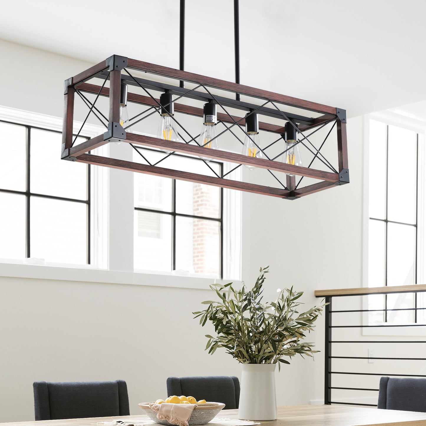 Rectangular wood and black metal dining room chandelier with five Edison bulbs farmhouse style