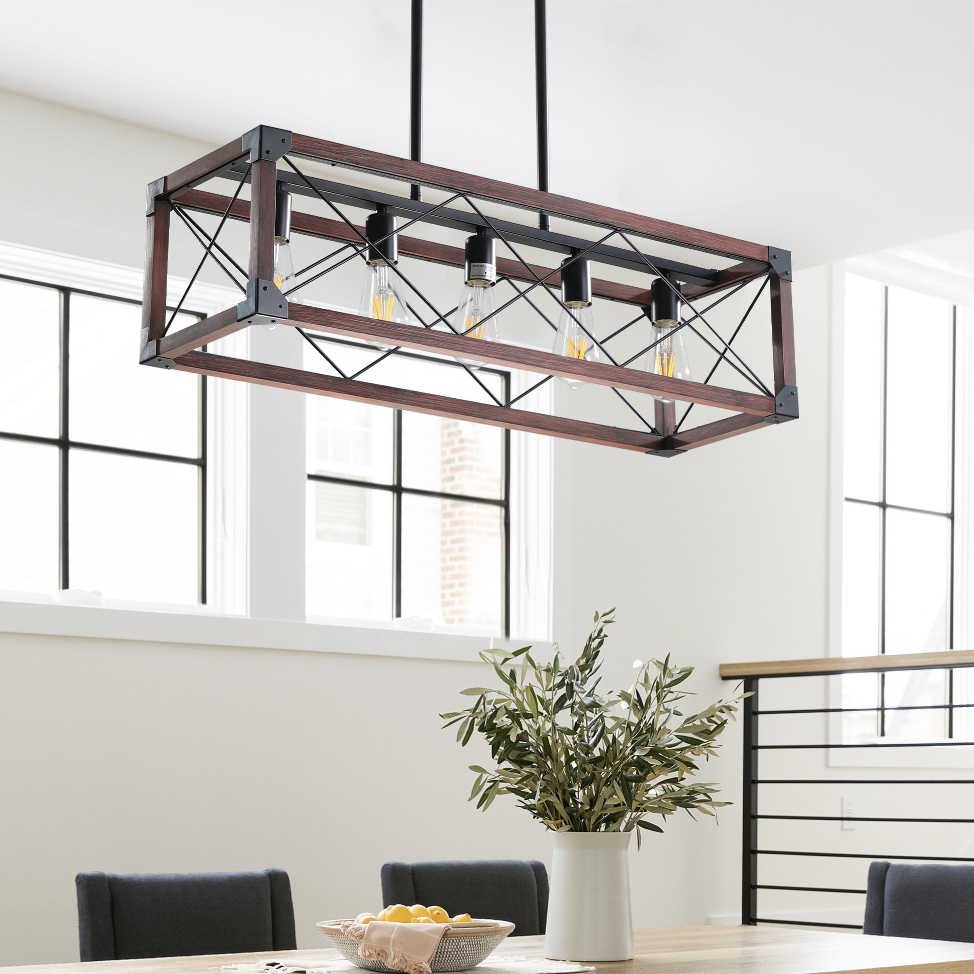 Rectangular wood and black metal dining room chandelier with five Edison bulbs farmhouse style