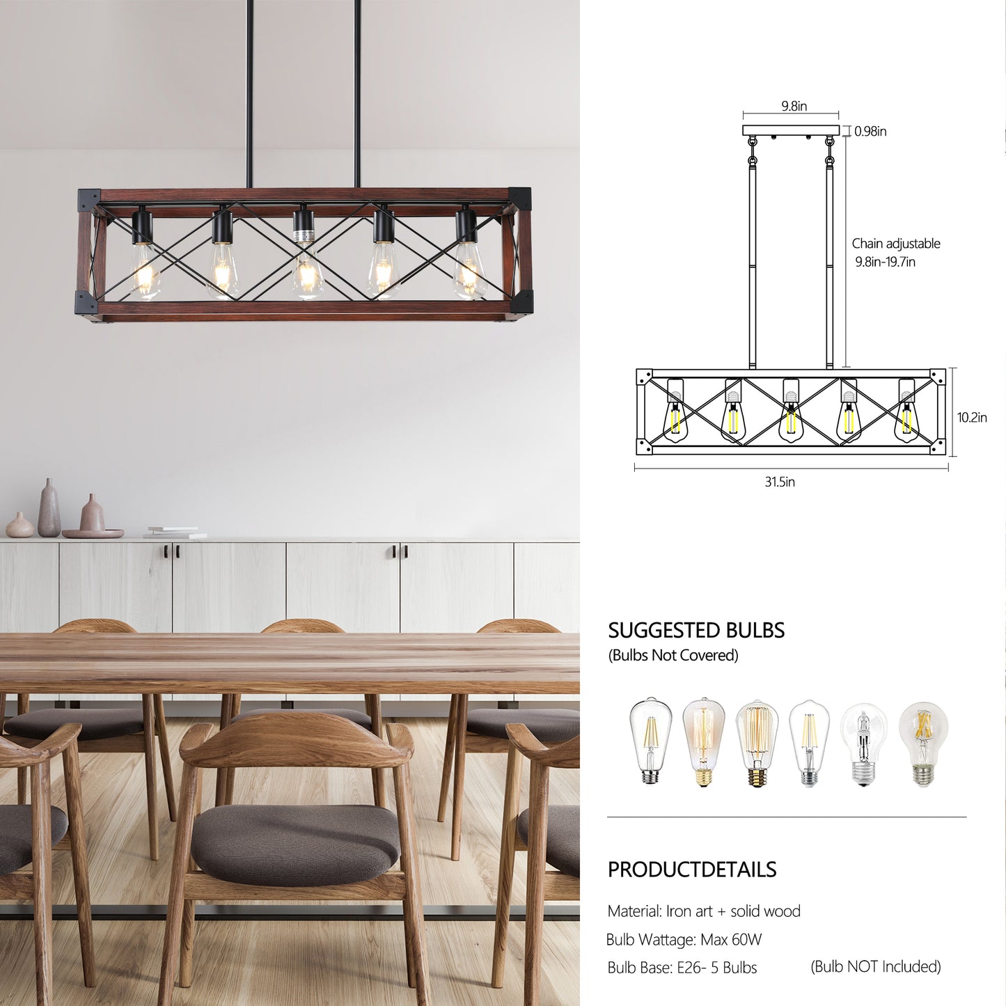 Farmhouse dining room chandelier with dark wood frame and black metal accents